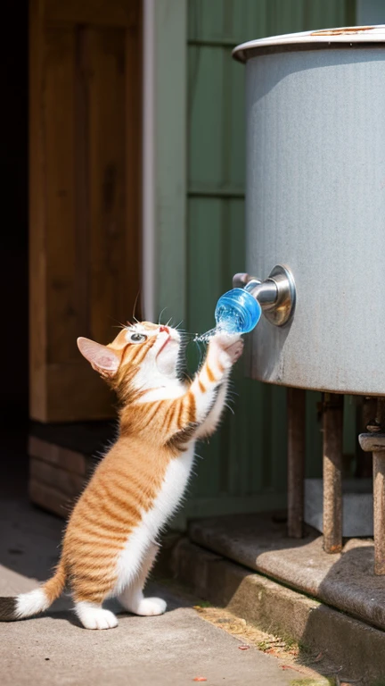 A little pretty cute kitten stands up and puts both hands up and grabs the water tank, puts its mouth to the tank and opens its mouth to drink water,Side view,indoor,