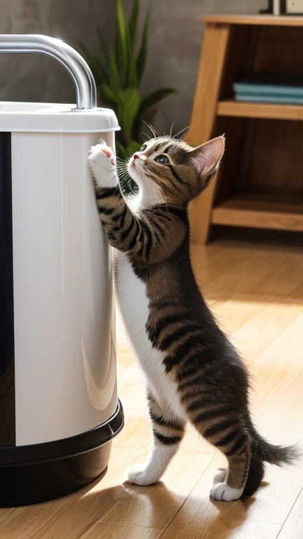 A little pretty cute kitten stands up and puts both hands up and grabs the water tank, puts its mouth to the tank and opens its mouth to drink water,Side view,indoor,