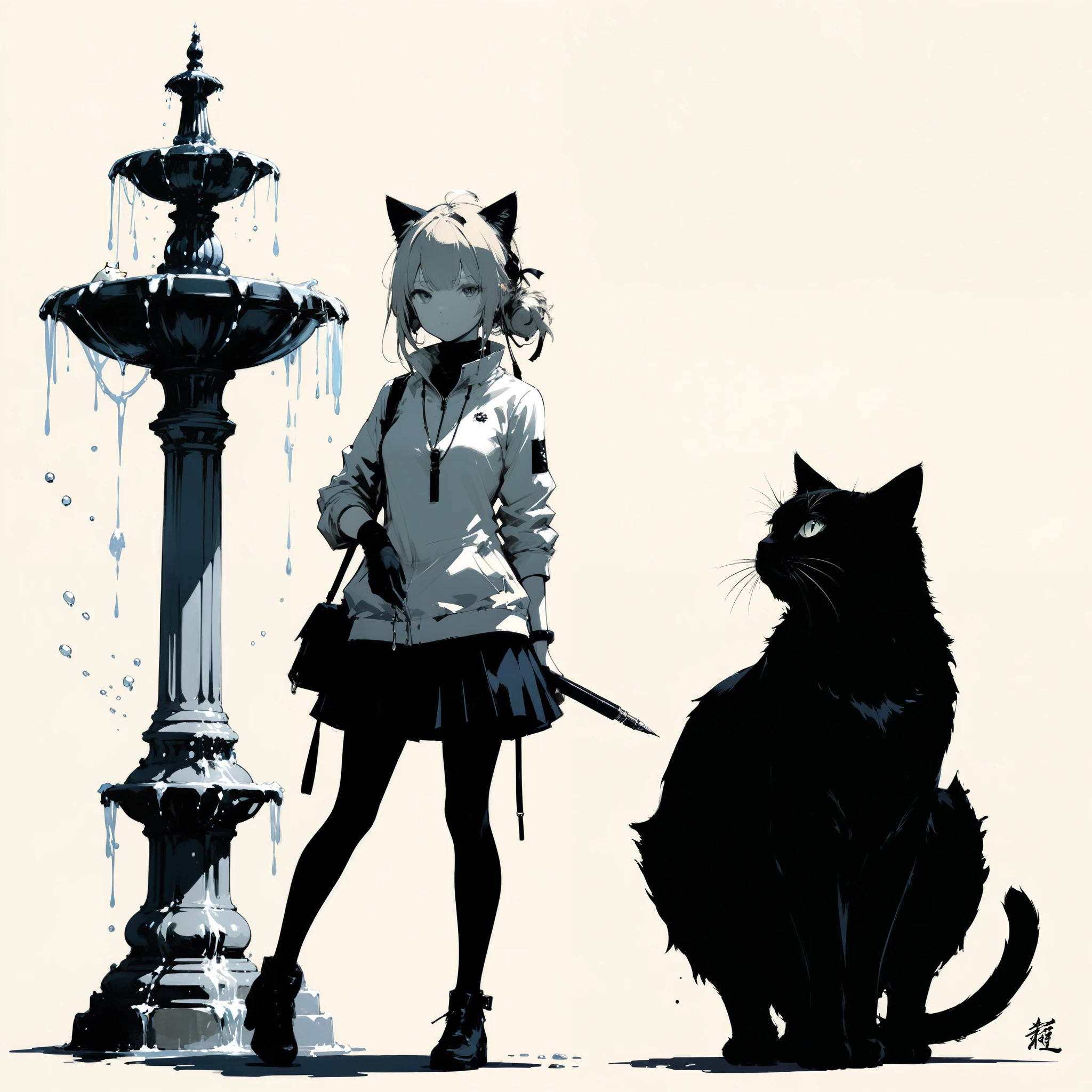 in style of Ashley Wood, 1girl,cat,front view,Fountain Pen stroke style,
