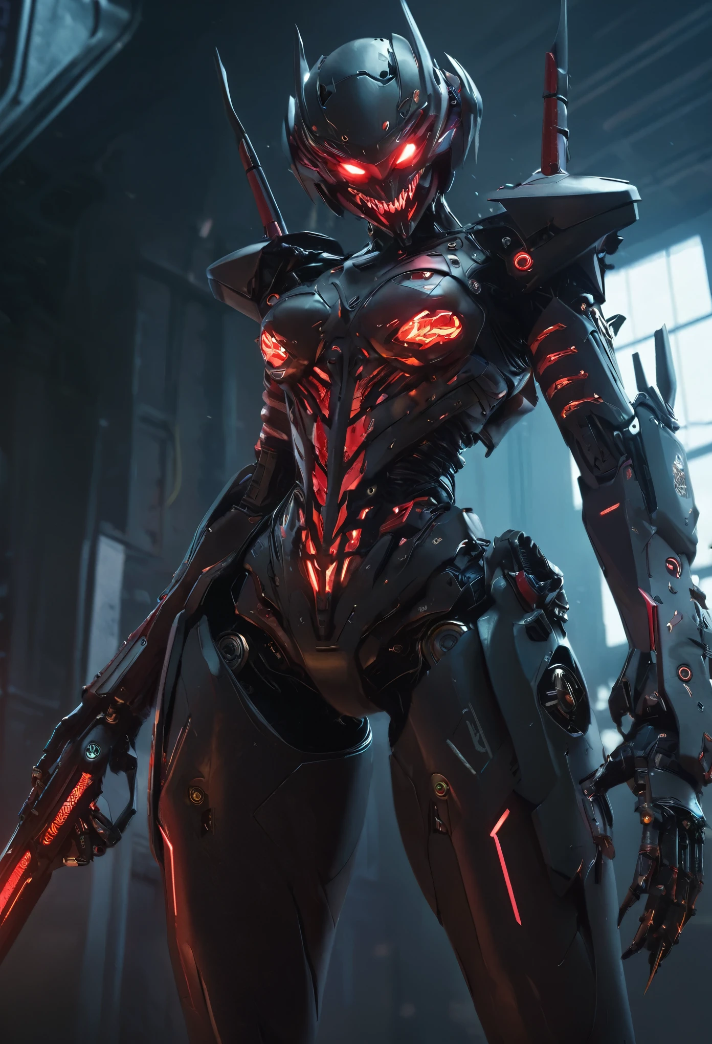 (best quality,4k,8k,highres,masterpiece:1.2),ultra-detailed,(realistic,photorealistic,photo-realistic:1.37), a heavily armed female android modeled after a terrifying demonic appearance, evil android, dark futuristic science fiction, hyper-detailed, cinematic lighting, dramatic chiaroscuro, muted color palette, intricate mechanical details, ominous atmosphere, intimidating presence, mechanical limbs, glowing red eyes, sharp fangs, sinister expression, advanced weaponry, cyberpunk, dystopian, moody