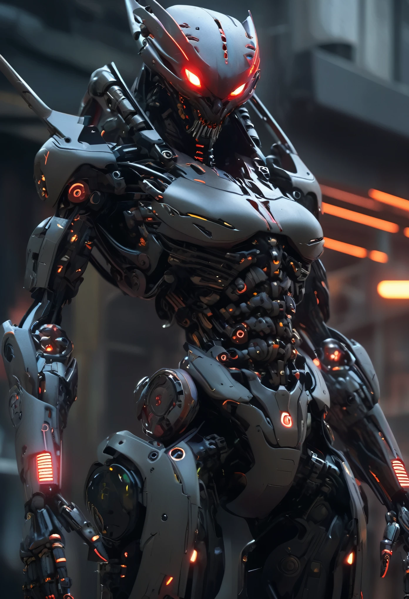 a heavily armed female android modeled after a terrifying demonic appearance, evil android, dark futuristic science fiction, hyper-detailed, cinematic lighting, dramatic chiaroscuro, muted color palette, (best quality,4k,8k,highres,masterpiece:1.2),ultra-detailed,(realistic,photorealistic,photo-realistic:1.37),intricate mechanical details, ominous atmosphere, intimidating presence, mechanical limbs, glowing red eyes, sharp fangs, sinister expression, advanced weaponry, cyberpunk, dystopian, moody