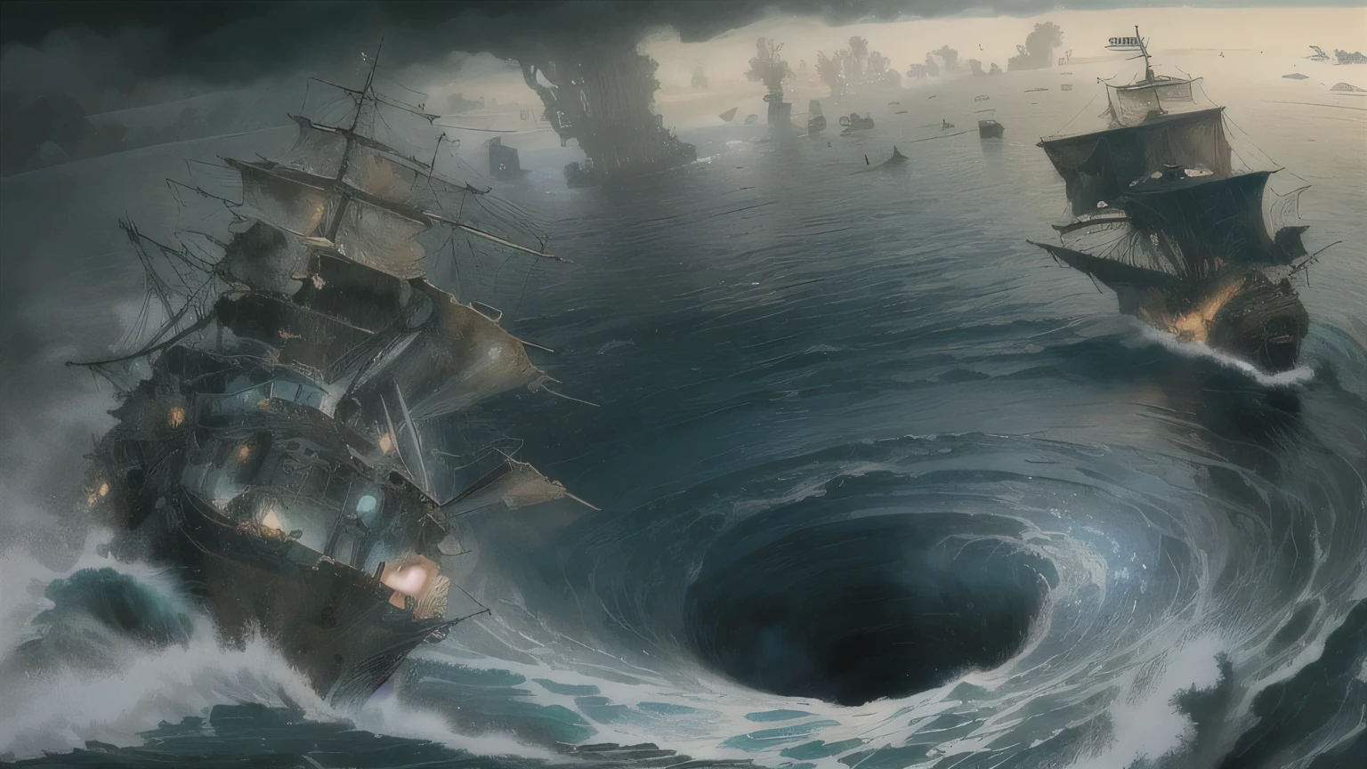a big boat is in a big hole in the ocean, standing in a redemoinho, redemoinho, apocalyptic tumultuous sea, scylla and Caríbdis, Caríbdis, por Eugeniusz Zak, tempestade no mar, um navio perdido em uma tempestade, dramatic conceptual art, on a planet of redemoinho, pintura de John Howe