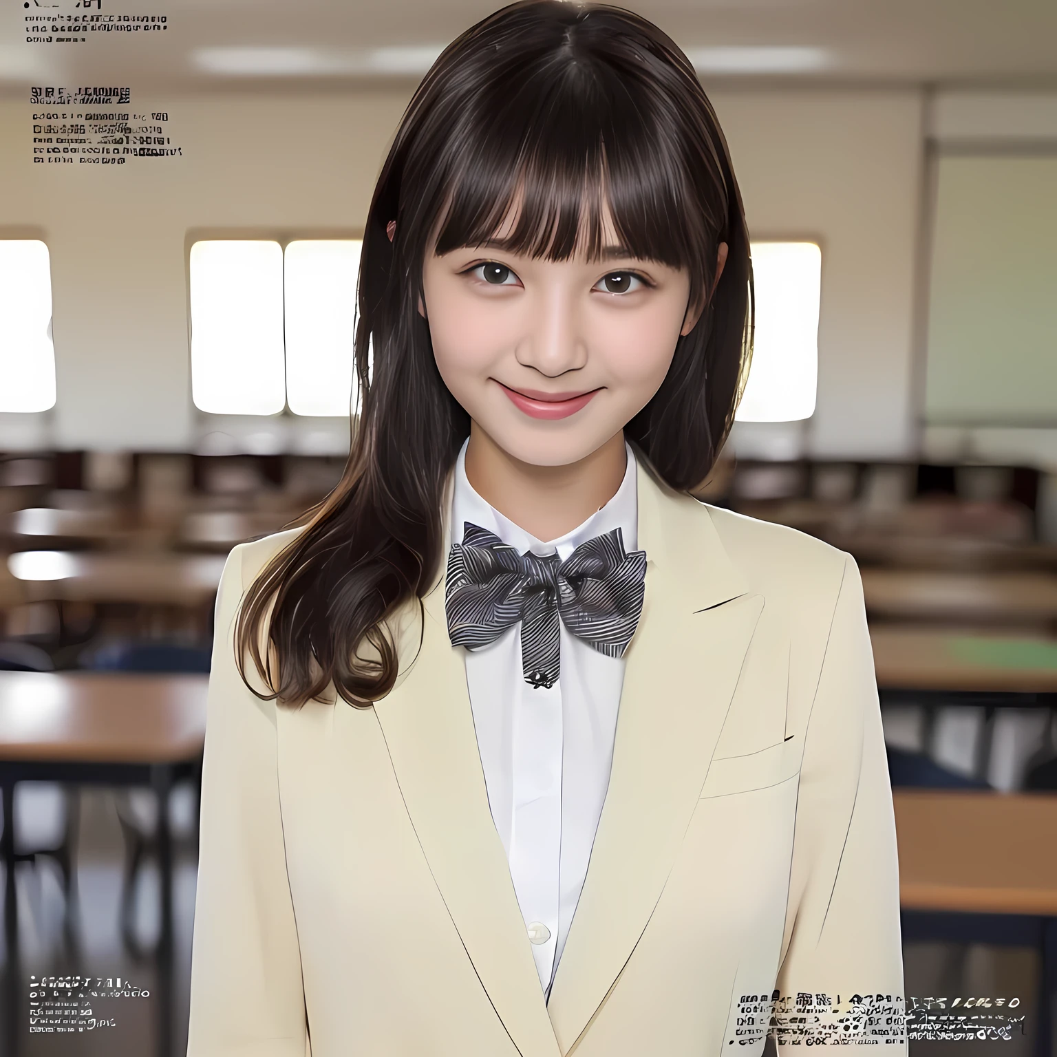 (highest quality, masterpiece:1.2), highest quality, Realistic, photograph, High resolution, 1080p, 8K, Physical Rendering, ((Height: 155cm)), ((((((Some 14 year old beautiful Japanese fashion magazine's fashion models are looking directly at the viewer)))))), (((big very detailed Japanese beautiful dark brown eyes))), ((((Everyone is loving and laughing at me!)))), detailed fingers, (((curled blunt bangs))), ((((Very noble and cute eyes, carefully drawn with great attention to detail)))), ((double eyelids)), (((long eyelashes))), ((cute lovely lovely laughing laughing cheeks)), ((The pure white light hits my nose and cheeks. Her eyes and white facial skin shine beautifully white.)), (((((Her facial features are very expressive noble smile, very sweet, very very intelligent))))), ((((ivory super-large long ribbon bow tie in plain)))), ((((black very beautiful and very long bobbed hair)))), ((((ivory formal long pleated skirt)))), ((((A ivory blazer)))), ((light white Japanese girl's classroom)