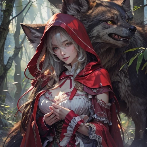 Standing in the forest、Hair flow、 ((highest quality、masterpiece、8k、Best image quality、Ultra-high resolution、Award-winning works)、(Accurate anatomy:1.1)、(Look at me and smile:1.1)、Shining fair skin with Ultra-high resolution、The most detailed face、Ultra-high resolution detailed face、Ultra-high resolutionの髪の毛、(Ultra-high resolution eye:1.1)、Beautiful face drawn in every detail、little red riding hood Costumes , Chest to chest, Strange atmosphere, A real werewolf stares at her..., Dark Light, in the forest , Heavy makeup