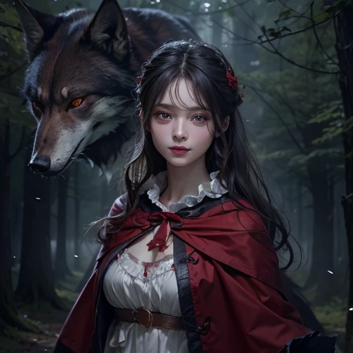 Standing in the forest、Hair flow、 ((highest quality、masterpiece、8k、Best image quality、Ultra-high resolution、Award-winning works)、(Accurate anatomy:1.1)、(Look at me and smile:1.1)、Shining fair skin with Ultra-high resolution、The most detailed face、Ultra-high resolution detailed face、Ultra-high resolutionの髪の毛、(Ultra-high resolution eye:1.1)、Beautiful face drawn in every detail、little red riding hood Costumes , Chest to chest, Strange atmosphere, A real werewolf stares at her..., Dark Light, in the forest , Heavy makeup