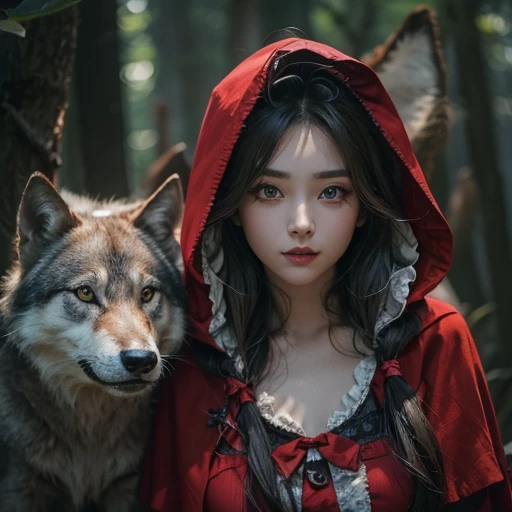 Standing in the forest、Hair flow、 ((highest quality、masterpiece、8k、Best image quality、Ultra-high resolution、Award-winning works)、(Accurate anatomy:1.1)、(Look at me and smile:1.1)、Shining fair skin with Ultra-high resolution、The most detailed face、Ultra-high resolution detailed face、Ultra-high resolutionの髪の毛、(Ultra-high resolution eye:1.1)、Beautiful face drawn in every detail、little red riding hood Costumes , Chest to chest, Strange atmosphere, A real werewolf stares at her..., Dark Light, in the forest , Heavy makeup