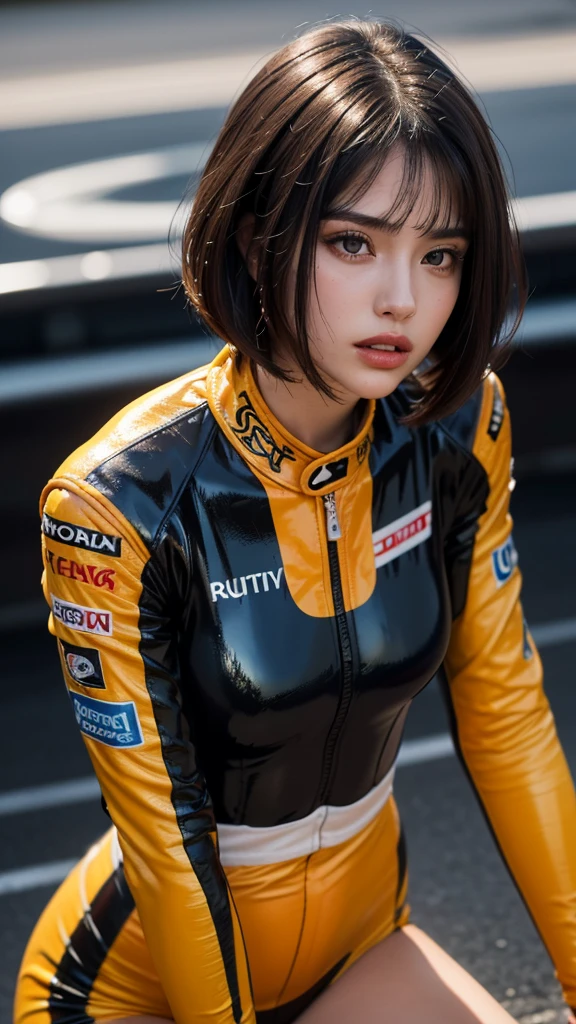 Bust up shot, Dynamic Lighting, (highest quality:1.4), 32K resolution, (Realistic:1.5), (Ultra-realistic:1.5), High resolution UHD, (masterpiece:1.2), (Improvement of quality:1.4), (1.lady), Supermodel, Female rider, 21 years old, Perfect Anatomy:1.37, Standing pose, (Wearing a super shiny racing suit:1.37), (Wearing a long-sleeved racing suit:1.1), (Wearing an orange racing suit:1.21), (Many suits with logos), Racing Gloves, Have a helmet:1.21, (On the vast racing circuit:1.37), (Outdoors on a sunny day;1.37), Shut your mouth, Detailed eyelashes,  Sharpen your eyebrows, [Pink lipstick:0.8], (Super lethargic details:1.25), (Bright pale complexion), Symmetrical eyes, Natural Makeup, ((A great eye for quality:1.2)), (tired, Sleepy and satisfied:0.0), (Beautiful Lips:1.33), (Great nose:1.2),  (Flat Chest), (Slim lower body), Shiny brown hair, Let your bangs hang long, (Bob Cut Hair:1.21), ((Realistic)), ((Sharp focus)), ((The most ridiculous quality)), (Ultra-high resolution:1.6), Emotional and spectacular cinematic lighting,