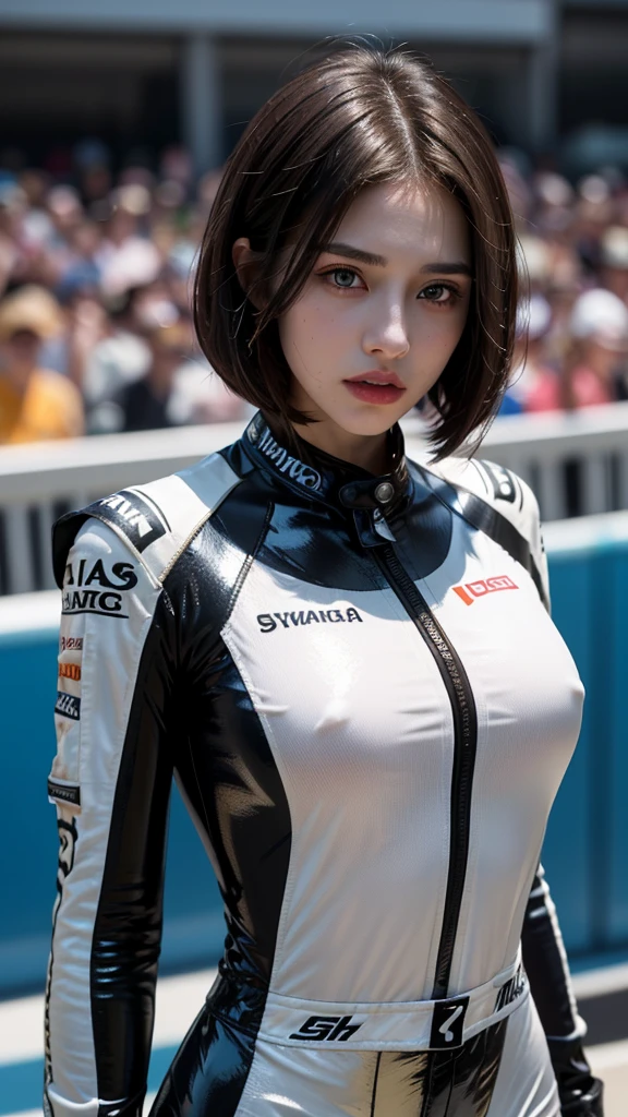 Bust up shot, Dynamic Lighting, (highest quality:1.4), 32K resolution, (Realistic:1.5), (Ultra-realistic:1.5), High resolution UHD, (masterpiece:1.2), (Improvement of quality:1.4), (1.lady), Supermodel, Female rider, 21 years old, Perfect Anatomy:1.37, Standing pose, (Wearing a super shiny racing suit:1.37), (Wearing a long-sleeved racing suit:1.1), (Wearing an orange racing suit:1.21), (Many suits with logos), Racing Gloves, Have a helmet:1.21, (On the vast racing circuit:1.37), (Outdoors on a sunny day;1.37), Shut your mouth, Detailed eyelashes,  Sharpen your eyebrows, [Pink lipstick:0.8], (Super lethargic details:1.25), (Bright pale complexion), Symmetrical eyes, Natural Makeup, ((A great eye for quality:1.2)), (tired, Sleepy and satisfied:0.0), (Beautiful Lips:1.33), (Great nose:1.2),  (Flat Chest), (Slim lower body), Shiny brown hair, Let your bangs hang long, (Bob Cut Hair:1.21), ((Realistic)), ((Sharp focus)), ((The most ridiculous quality)), (Ultra-high resolution:1.6), Emotional and spectacular cinematic lighting,