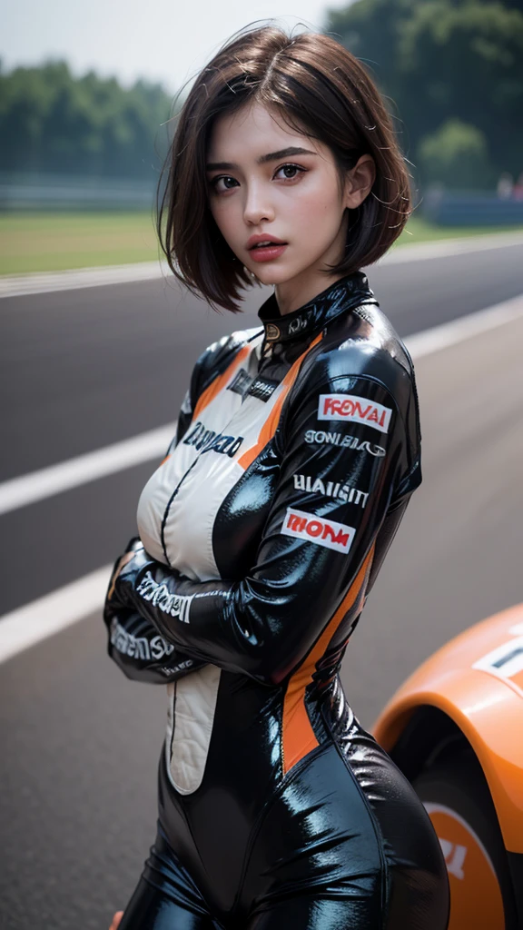 Bust up shot, Dynamic Lighting, (highest quality:1.4), 32K resolution, (Realistic:1.5), (Ultra-realistic:1.5), High resolution UHD, (masterpiece:1.2), (Improvement of quality:1.4), (1.lady), Supermodel, Female rider, 21 years old, Perfect Anatomy:1.37, Standing pose, (Wearing a super shiny racing suit:1.37), (Wearing a long-sleeved racing suit:1.1), (Wearing an orange racing suit:1.21), (Many suits with logos), Racing Gloves, Have a helmet:1.21, (On the vast racing circuit:1.37), (Outdoors on a sunny day;1.37), Shut your mouth, Detailed eyelashes,  Sharpen your eyebrows, [Pink lipstick:0.8], (Super lethargic details:1.25), (Bright pale complexion), Symmetrical eyes, Natural Makeup, ((A great eye for quality:1.2)), (tired, Sleepy and satisfied:0.0), (Beautiful Lips:1.33), (Great nose:1.2),  (Flat Chest), (Slim lower body), Shiny brown hair, Let your bangs hang long, (Bob Cut Hair:1.21), ((Realistic)), ((Sharp focus)), ((The most ridiculous quality)), (Ultra-high resolution:1.6), Emotional and spectacular cinematic lighting,