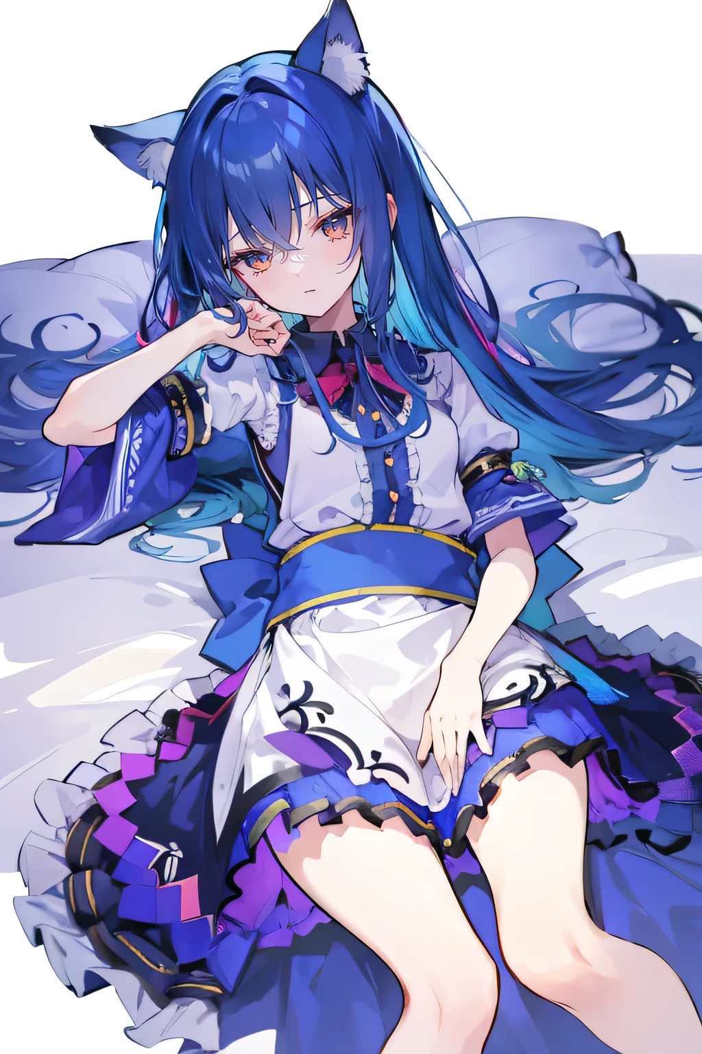 (Masterpiece), best quality, expressive eyes, perfect face, 1girl,
Put your hands on your waist, fair, gorgeous, Japanese comics, girl, Lola, young angel, blue hair, blue hair, flowing clothes, hug the waist, hug the waist, hands on hips, hands on hips, lay down , lying on the ground, legs on the ground, flat chest, cat ears