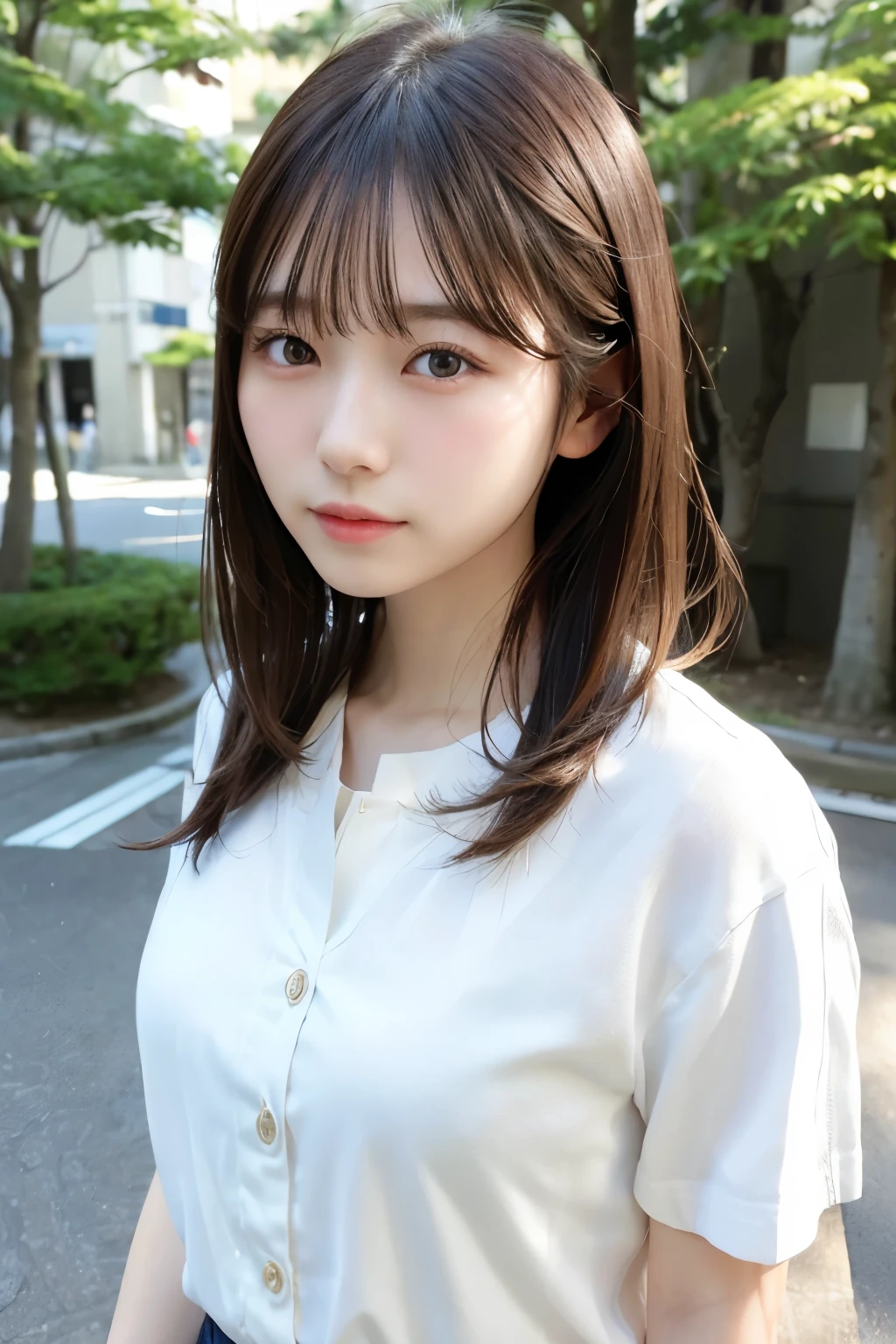 ((Photoreal)), 8K full-length portrait, (Beautiful woman), (Japanese woman), (detailed face), attractive look, Clear system, 18-year-old, Tokyo city, summer, for the background, medium hair, 