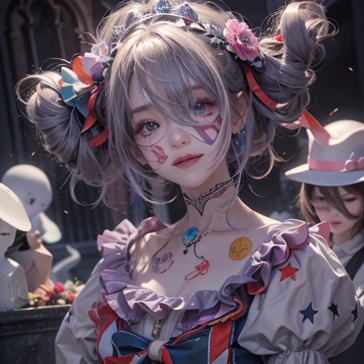 Standing in the grave、Hair flow、 ((highest quality、masterpiece、8k、Best image quality、Ultra-high resolution、Award-winning works)、(Accurate anatomy:1.1)、(Look at me and smile:1.1)、Shining fair skin with Ultra-high resolution、The most detailed face、Ultra-high resolution detailed face、Ultra-high resolutionの髪の毛、(Ultra-high resolution eye:1.1)、Beautiful face drawn in every detail、Cheerful clown costume, Chest to chest, Strange atmosphere, Ghosts flow, Dark Light, At the cemetery