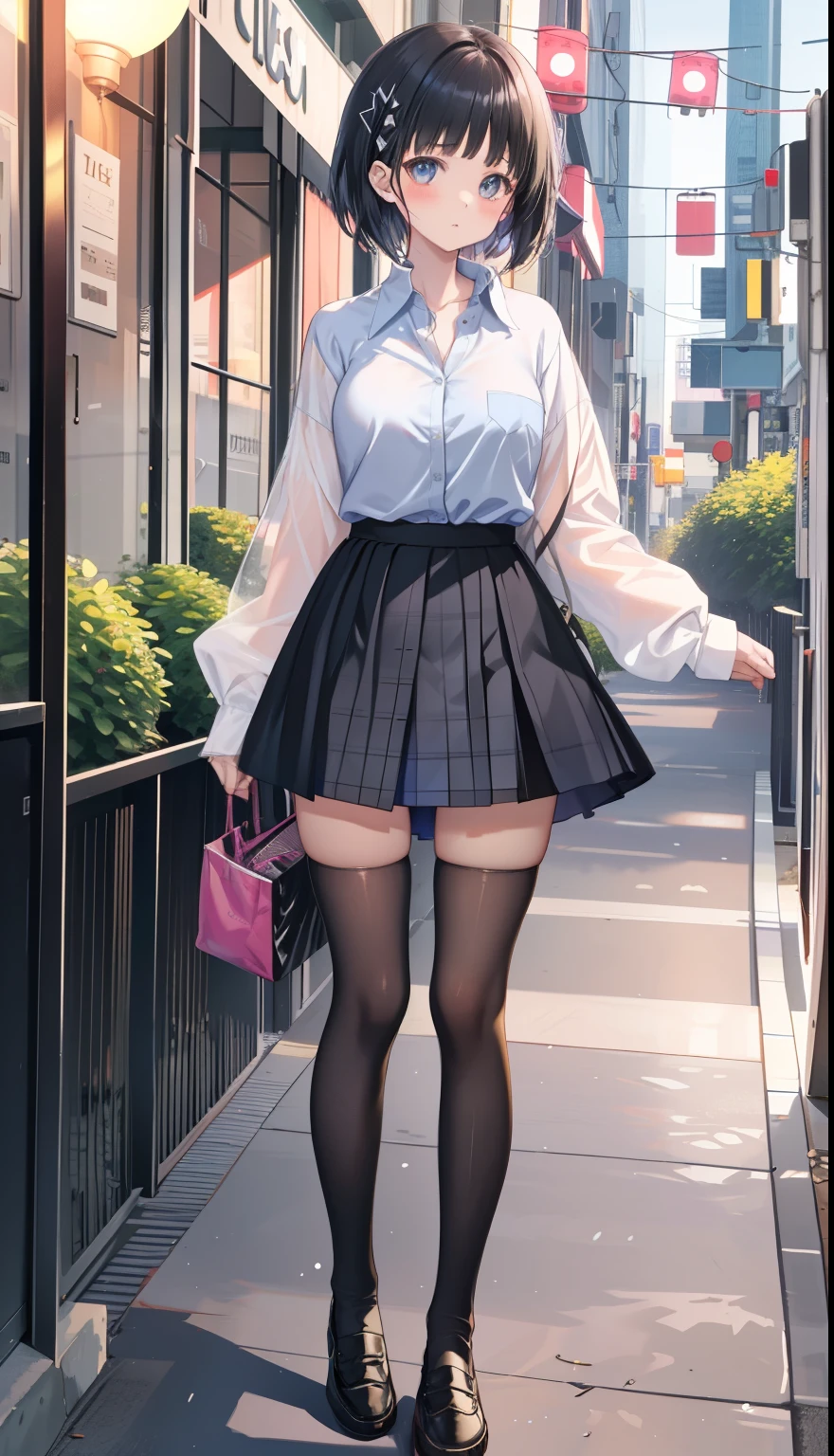 One Girl、positive、Standing posture、Full body portrait、Black Hair、Medium Haircut、blush、Absolute area、Black knee-high socks、Knee-length、stockings、Black Pantyhose、White underwear、Light blue shirt、Dark blue checked mini skirt、Japanese high school students、Summer clothes、Night entertainment district、night、(Very large breasts)、Cleavage、open chest shirt、((Lesbians around the world))、masterpiece、(highest quality)、
Panties around the ankles、Black Loafers、Shirt buttons fly off、Unbutton your shirt、Exposing the breasts、Bare your breasts