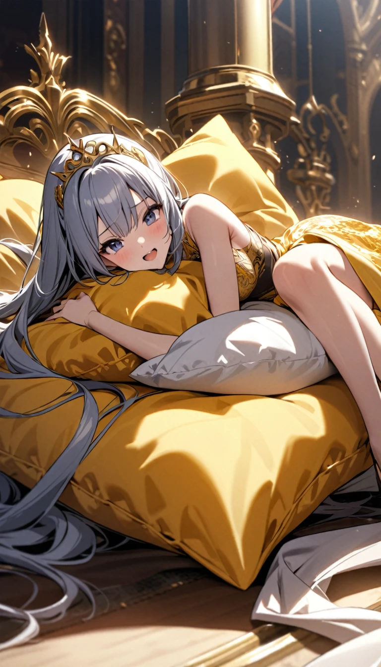 A woman, flowing white hair, melancholy eyes, yellow pupils, black diamond-shaped hairpin, A woman is cutting up a tattered super huge soft golden silk cushion with scissors in a dirty way. many tiny feathers are dancing, She wears a see-through gown, Tattered cushions, She's lying on a super huge soft golden silk cushion. The woman is  tearing up the cushions with scissors, A super huge golden silk duvet tucked between his legs.angry, She's on a rampage.