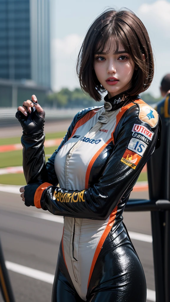 Bust up shot, Dynamic Lighting, (highest quality:1.4), 32K resolution, (Realistic:1.5), (Ultra-realistic:1.5), High resolution UHD, (masterpiece:1.2), (Improvement of quality:1.4), (1.lady), Supermodel, Female rider, 21 years old, Perfect Anatomy:1.37, Standing pose, (Wearing a super shiny racing suit:1.37), (Wearing a long-sleeved racing suit:1.1), (Wearing an orange racing suit:1.21), (Many suits with logos), Racing Gloves, Have a helmet:1.21, (On the vast racing circuit:1.37), (Outdoors on a sunny day;1.37), Shut your mouth, Detailed eyelashes,  Sharpen your eyebrows, [Pink lipstick:0.8], (Super lethargic details:1.25), (Bright pale complexion), Symmetrical eyes, Natural Makeup, ((A great eye for quality:1.2)), (tired, Sleepy and satisfied:0.0), (Beautiful Lips:1.33), (Great nose:1.2),  (Flat Chest), (Slim lower body), Shiny brown hair, Let your bangs hang long, (Bob Cut Hair:1.21), ((Realistic)), ((Sharp focus)), ((The most ridiculous quality)), (Ultra-high resolution:1.6), Emotional and spectacular cinematic lighting,