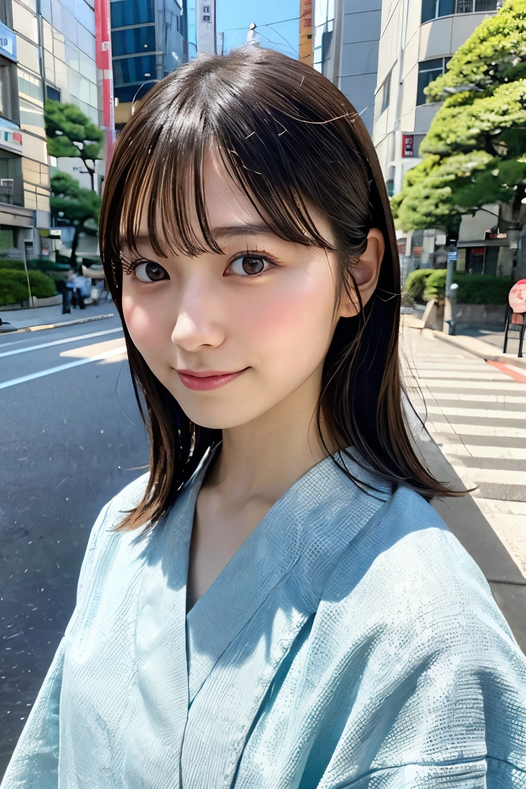 ((Photoreal)), 8K full-length portrait, (Beautiful woman), (Japanese woman), (detailed face), attractive look, Clear system, 18-year-old, Tokyo city, summer, for the background, medium hair,