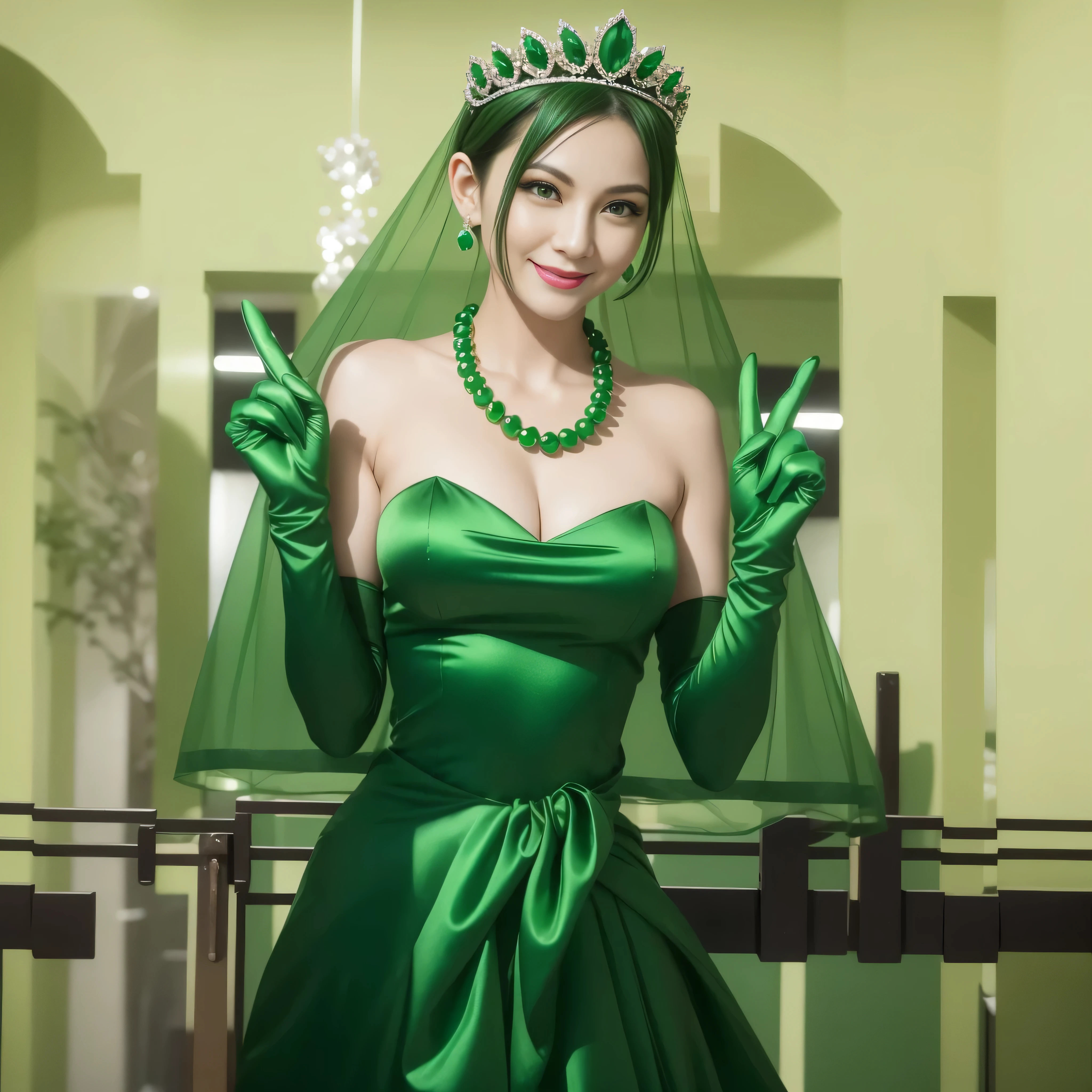 Emerald tiara, Green Pearl Necklace, Boyish very short green hair, lipstick, Smiling Japan woman in her 30s, Very short hair, Big and beautiful, Green Eyes, Long green satin gloves, Big Breasts, V sign, Emerald Earrings, Green veil
