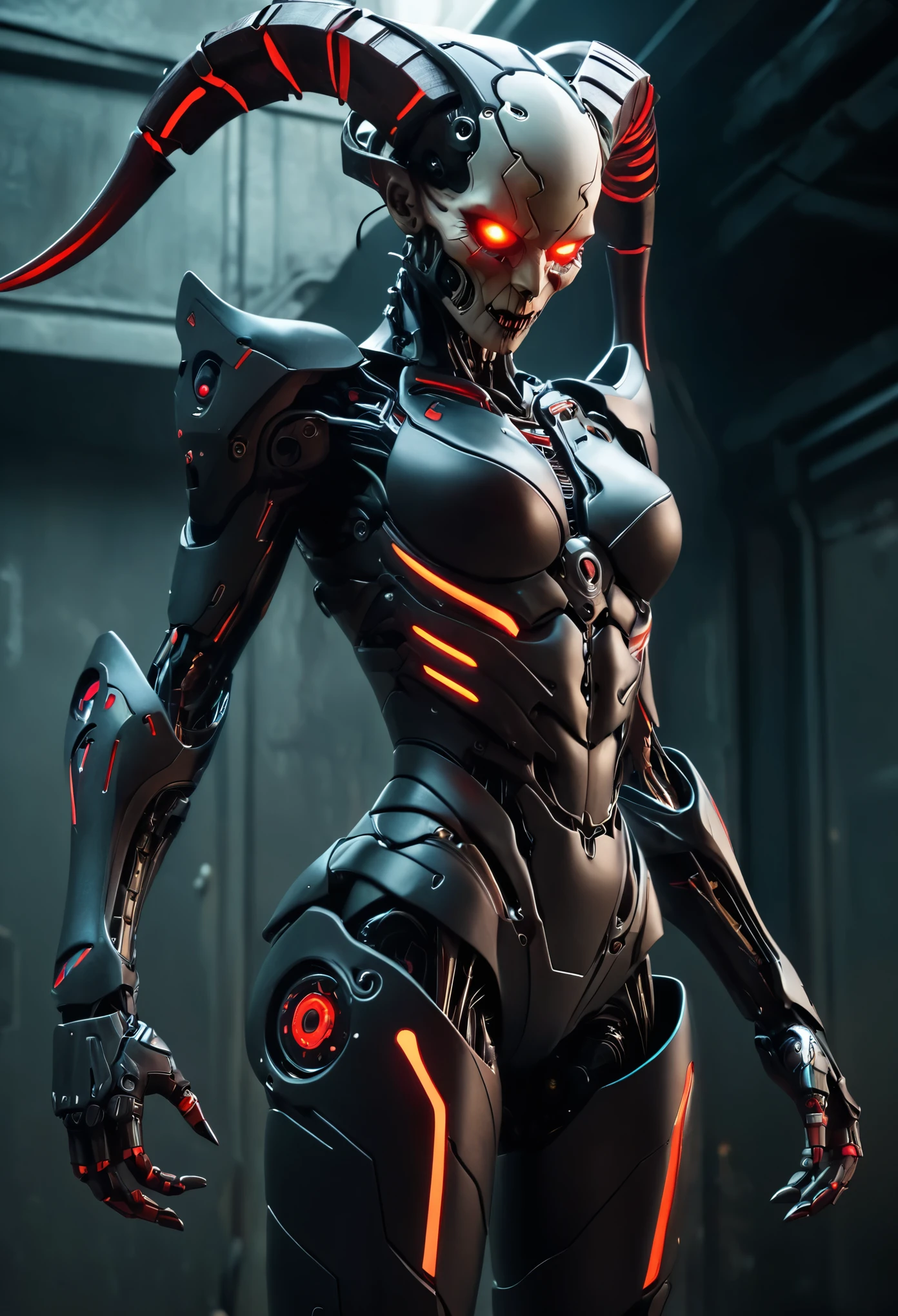 (best quality,4k,8k,highres,masterpiece:1.2),ultra-detailed,(realistic,photorealistic,photo-realistic:1.37), a heavily armed female android modeled after a terrifying demonic appearance, evil android, dark futuristic science fiction, hyper-detailed, cinematic lighting, dramatic chiaroscuro, muted color palette, intricate mechanical details, ominous atmosphere, intimidating presence, mechanical limbs, glowing red eyes, sharp fangs, sinister expression, advanced weaponry, cyberpunk, dystopian, moody, three long horns