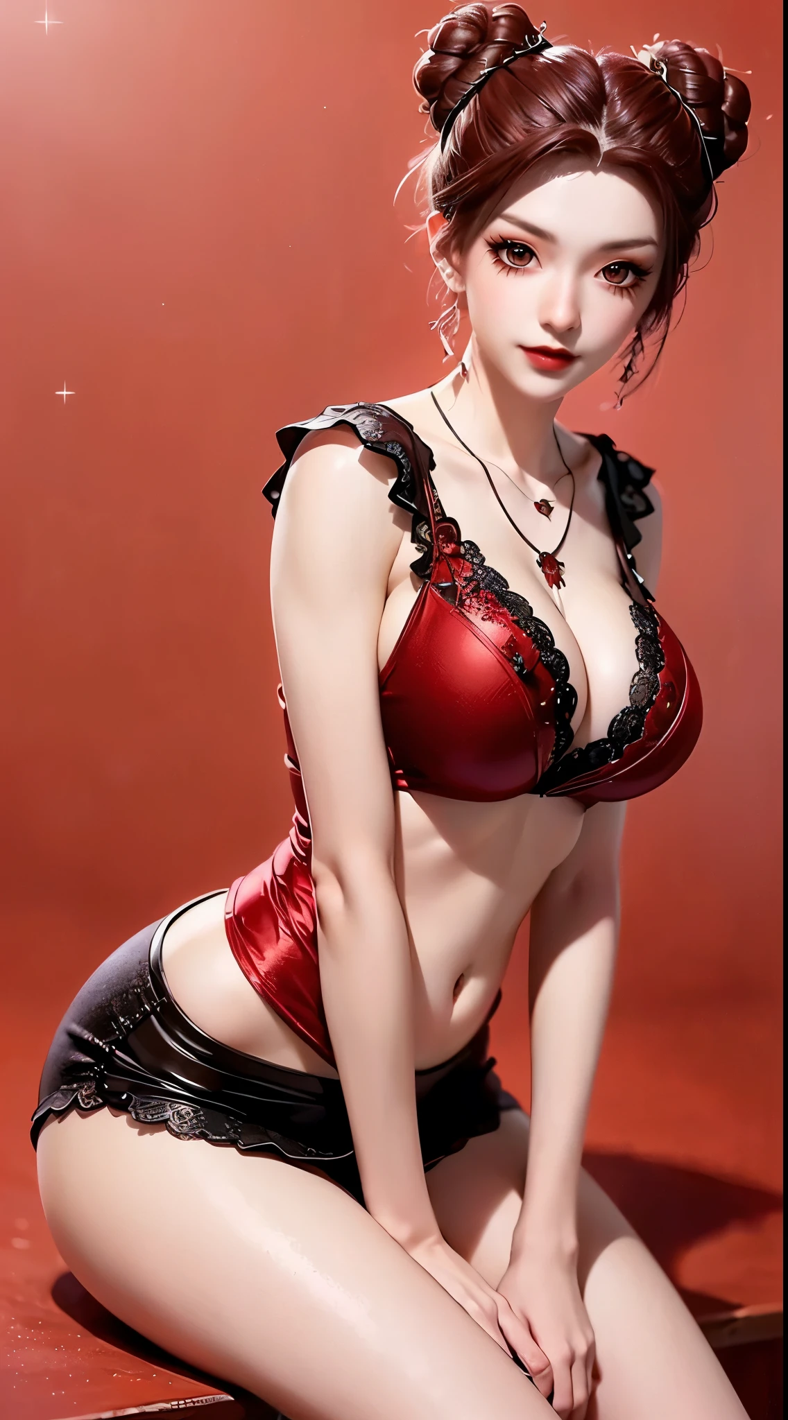1 beautiful and sexy 20 year old girl, ((wearing a two-piece swimsuit)), ((long red-brown hair:1.6)), ((wearing a black lace necklace:1.4))), noble style the nobility of an extremely beautiful girl, her small face is super cute, her face is very pretty, her eyebrows are sparse, her face is flawlessly beautiful, ((black eye pupil: 0.8)) , very beautiful eyes, ((Red brown eyes: 1.6)), ((side sparkling eye effect: 1.8)), beautiful makeup and detailed hairdo, eyelashes, wet eye makeup, high nose, earrings, red lips, ((closed mouth: 1;5 )) beautiful lips, slim hands, ((arms spread out to the sides: 1.5)), rosy face, clean face, flawless beautiful face, smooth white skin, (big breasts: 1.5)), ((high breasts: 1.6)), firm breasts, nice cleavage, (((big and super round breasts: 1.8))) , ((super firm breasts : 1.7)), beautiful breasts, perfect body, (((sitting position, back and arms behind: 1.5))), ((chest puffed out: 1.5)) , don't be shy, 8k photo, super high quality , hyper realistic, super 10x pixels, photorealistic, bright studio, light edges, two-tone light, (highly detailed skin:1.2), super 8k, soft light, high quality, volumetric light, optical, high optical resolution, lighting, best photo, 4k, 8k quality, blur effect, smooth sharpness, 10 x pixels, ((flower red background:1.5)), aurora , lightning, ultra-realistic graphics, most realistic graphics, alone, solo, Extremely sharp, surreal images, (((frontal portrait: 1.4)))."