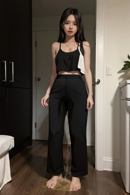 Malay Girl sees the ghost and pees her black culotte pants until her pants are wet in fright.