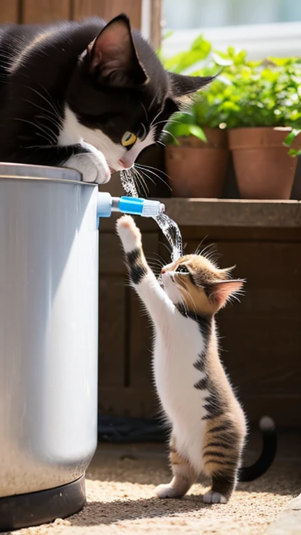 A very  pretty cute kitten stands up and puts both hands up and grabs the water tank, puts its mouth to the tank and opens its mouth to drink water,Side view,indoor,