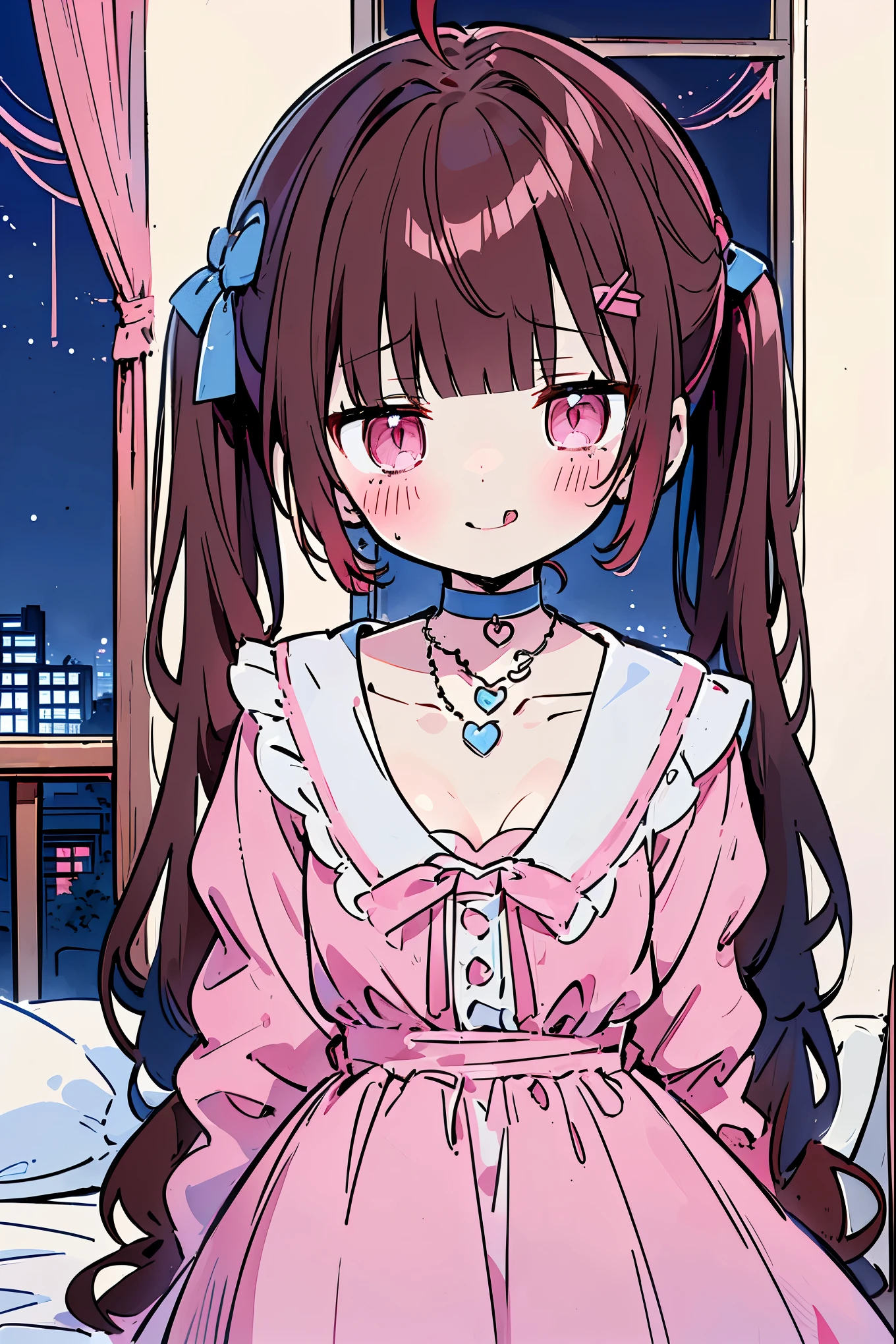 {{{{masterpiece}}}}, {{{Super detailed}}}, {{{high resolution}}},{{high resolution:1.3}}, {{good anatomy}}, (((best quality))), ((on the bed,indoor,blue theme,anime style,anime girl)),(((pink eyes,brown hair))),(big perfect eyes),((yandere,dark eyelash)),(((coat skirt,collarbone,red dress, jewelry, choker,necklace,dark atmosphere,night time))), hairclip, {8k cg wallpaper}, {{illustration,zoom in,focus on face,close-up shot, looking out a window}},((twintails|ahoge|floating hair|blunt bangs|short hair|curly))smile,(1girl:1), bride,solo,alone,(Color difference:1.2),(yandere smile,evil smile with Tongue,Dark circles),blushing,neat face,(medium breasts),((The details are complex、Shallow depth of field、weak lighting、a Canon EOS R5、50mm lens、f / 2.8、shot at 8k resolution))