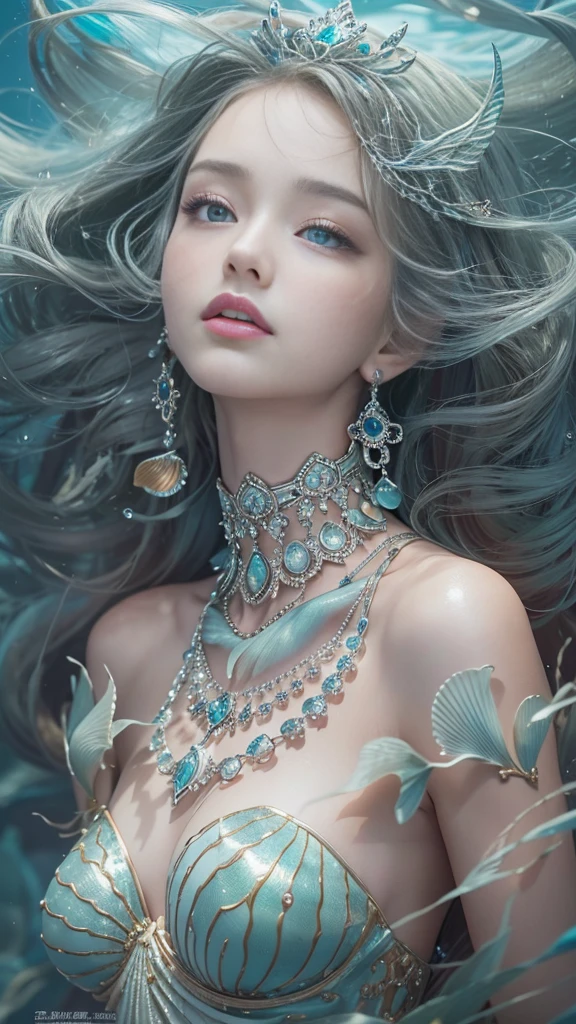(RAW shooting, 32k, highest quality, masterpiece, Ultra-high resolution), (Deep sea at night:1.0, Dramatic moonlight:0.7, Mysterious underwater world:1.3, Expressions of sadness:1.0), Side Shot, Fractal Art:1.3, Perfect dynamic composition:1.2, Very detailedな肌と顔の質感:1.2, Beautiful shell and coral decoration, Surrounded by lots of colorful fish, Rich underwater vegetation, (The subject is being viewed from a distance:1.3, Dynamic flow of water waves:1.2, Slim mermaid figure:1.0, Shimmering Scales, Mermaid tail), elegant and sophisticated, Fair skin, Incredibly slim body:0.8, Very beautiful face, Water droplets on the skin, Very accurate, Very detailed, Gorgeous silver shiny dress portrait, Big eyes that exude beauty, Beautiful big lips,, Unreal atmosphere, necklace, Earrings, bracelet