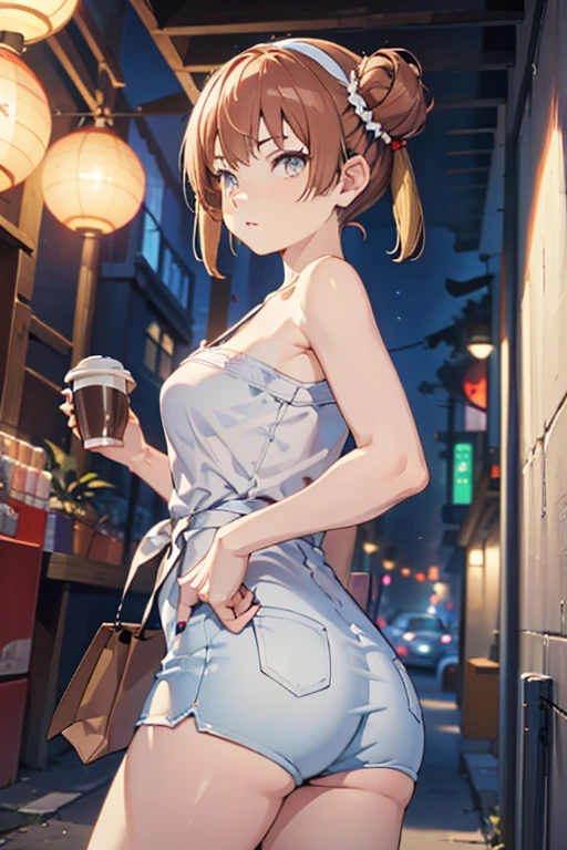 (masterpiece, Best Quality, ultra-detailed, high resolution, extremely detailed CG, official art, Professional Lighting, Perfect Anatomy, anime colors), (from below), looking at viewer, cowboy shot, perfect body, a 24yo beautiful girl, sidelocks, hairband, earrings,medium hips, glamorous body,a small face,beautiful-makeup,Makeup light,dark brown hair, Amazing Cleavage, thin waist, cute ass, Raised sexy, small breast: 1.2 posed cleavage:1.2, (off shoulders,Denimbra,legginullnude), micro denim shorts, bare legs, nail_polish, pale skin, Waiting friend, (morning:1.5), tokyo, (convenience store:1.3), outdoor, (depth of field:1.3), contrapposto, (Hold a coffee in your hand:1.3),delicate beautiful face, Bright blue eyes, cute eyes, sparkling eyes, Big eyes, (perky chest:1.1), (pointed chest:1.3), looking at viewer,
