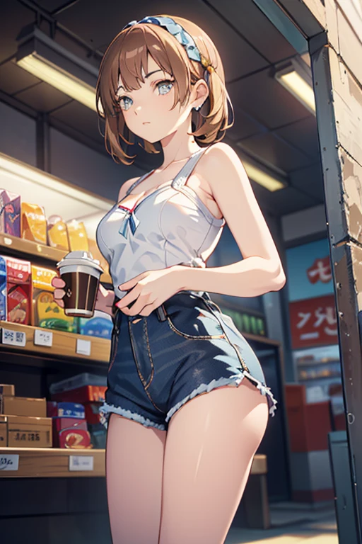 (masterpiece, Best Quality, ultra-detailed, high resolution, extremely detailed CG, official art, Professional Lighting, Perfect Anatomy, anime colors), (from below), looking at viewer, cowboy shot, perfect body, 24yo beautiful 1girl, medium hips, glamorous body,a small face,beautiful-makeup,Makeup light,Shortcut Hair,dark brown hair、Bust b Cup, Amazing Cleavage, thin waist, big ass, Raised sexy, big breast: 1.2 posed cleavage:1.2, (off shoulders,Sportsbra,legginullnude), micro denim shorts, bare legs, nail_polish, pale skin, Waiting friend, (morning:1.5), tokyo, (convenience store:1.3), outdoor, (depth of field:1.3), contrapposto, (Hold a coffee in your hand:1.3),delicate beautiful face, Bright magenta eyes, cute eyes, sparkling eyes, Big eyes, (big breasts:1.3), (perky chest:1.1), (pointed chest:1.3), looking at viewer, 