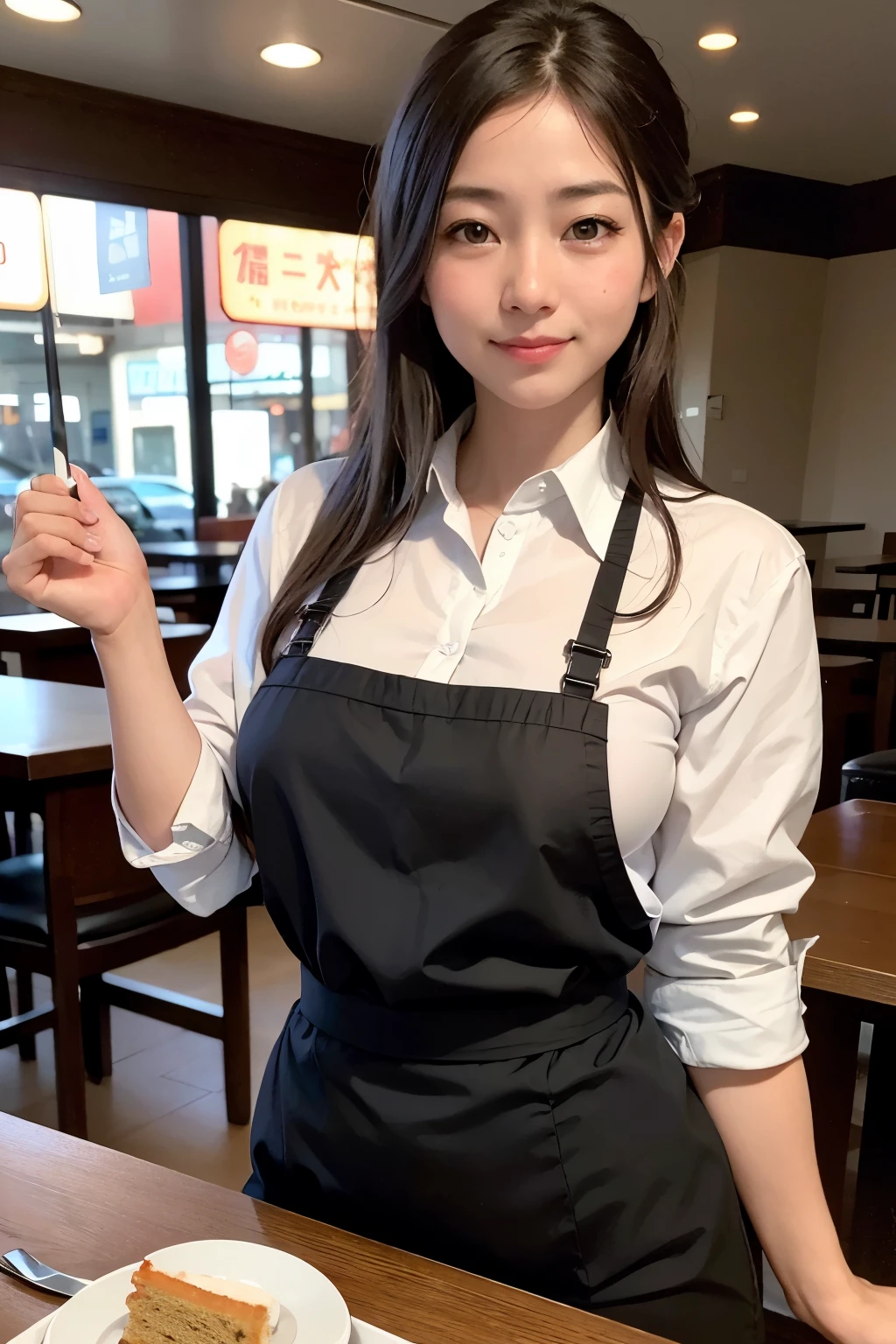 View Viewer,Cinematic Light, Ultra-high resolution, 8K Ultra HD, Film Grain, 40 year old cute and beautiful waitress,Asian, At the cafe,White apron,Brown shirt,Sunburn,Braiding, Black Hair,Are standing,Very fine eye, ,smile,Open your mouth,Sparkling brown eyes, Watercolor background, {{{Waitress Suit}}},Cafe table, guest,food,cake,coffee,coffee cups,SFW:1.8,