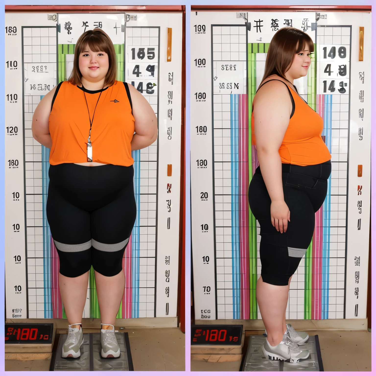 a very overweight woman standing on a scale, chubby girl, close up full body shot, by Meredith Dillman, full figure, overweight, full body, award winning, Allison Watts, thick body, Miranda Mix, obese, extremely large scale, an overweight, full length, full length shot