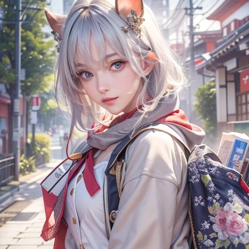 (masterpiece:1.3), (8k, Realistic, RAW Photos, Best image quality: 1.4), Fair-skinned fairy woman、short hair、Cleavage:2.0、Highly detailed face、Attention to detail、double eyelid、Sharp focus:1.2、Beautiful woman:1.4、Silvery white hair、highest quality、masterpiece、Ultra-high resolution、(Realistic:1.4)、Highly detailed and professionally lit smiles、Loose, Light, Wear Japan high school uniform:1.5、Red scarf、 one person、whole body,Cycling through Japanese cities、