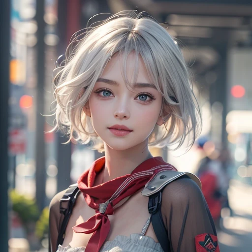 (masterpiece:1.3), (8k, Realistic, RAW Photos, Best image quality: 1.4), Fair-skinned fairy woman、short hair、Cleavage:2.0、Highly detailed face、Attention to detail、double eyelid、Sharp focus:1.2、Beautiful woman:1.4、Silvery white hair、highest quality、masterpiece、Ultra-high resolution、(Realistic:1.4)、Highly detailed and professionally lit smiles、Loose, Light, Wear Japan high school uniform:1.5、Red scarf、 one person、whole body,Cycling through Japanese cities、