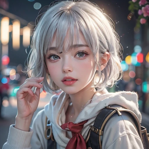 (masterpiece:1.3), (8k, Realistic, RAW Photos, Best image quality: 1.4), Fair-skinned fairy woman、short hair、Cleavage:2.0、Highly detailed face、Attention to detail、double eyelid、Sharp focus:1.2、Beautiful woman:1.4、Silvery white hair、highest quality、masterpiece、Ultra-high resolution、(Realistic:1.4)、Highly detailed and professionally lit smiles、Loose, Light, Wear Japan high school uniform:1.5、Red scarf、 one person、whole body,Cycling through Japanese cities、