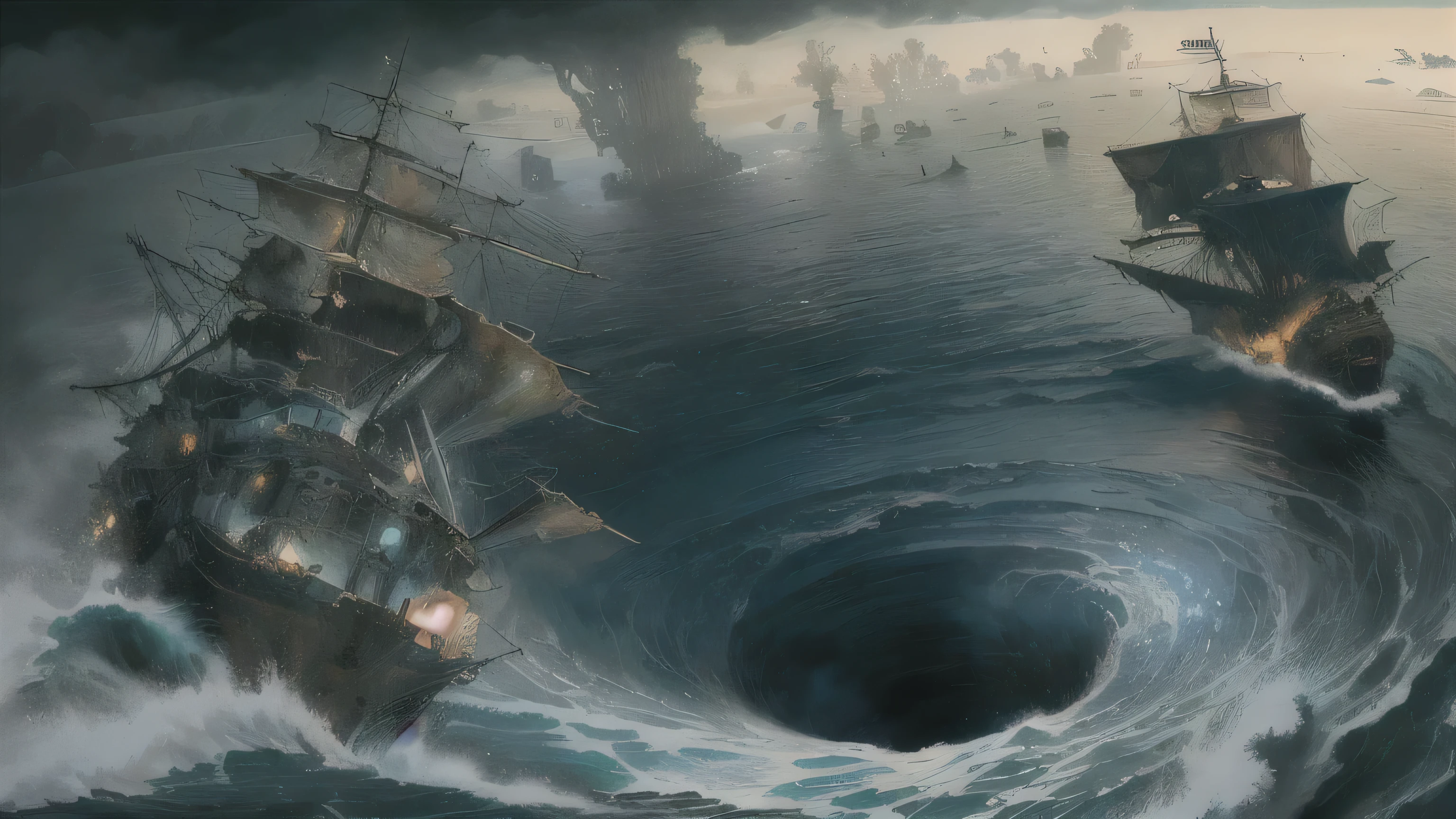 a big boat is in a big hole in the ocean, standing in a redemoinho, redemoinho, apocalyptic tumultuous sea, scylla and Caríbdis, Caríbdis, por Eugeniusz Zak, tempestade no mar, um navio perdido em uma tempestade, dramatic conceptual art, on a planet of redemoinho, pintura de John Howe