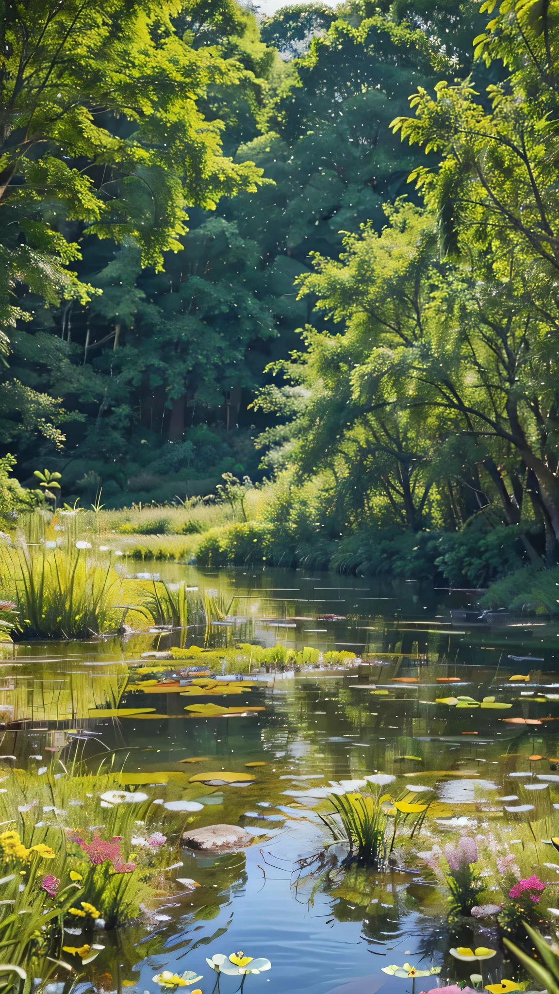 A small lake with crystal clear water and yellow fish, surrounded by many flowers and green grass, (best quality,4k,8k,highres,masterpiece:1.2),ultra-detailed,(realistic,photorealistic,photo-realistic:1.37),beautiful lake, tranquil scenery, lush greenery, vibrant yellow fish, blooming flowers, serene atmosphere, natural lighting, highly detailed, intricate textures, vivid colors, calming landscape, peaceful pond