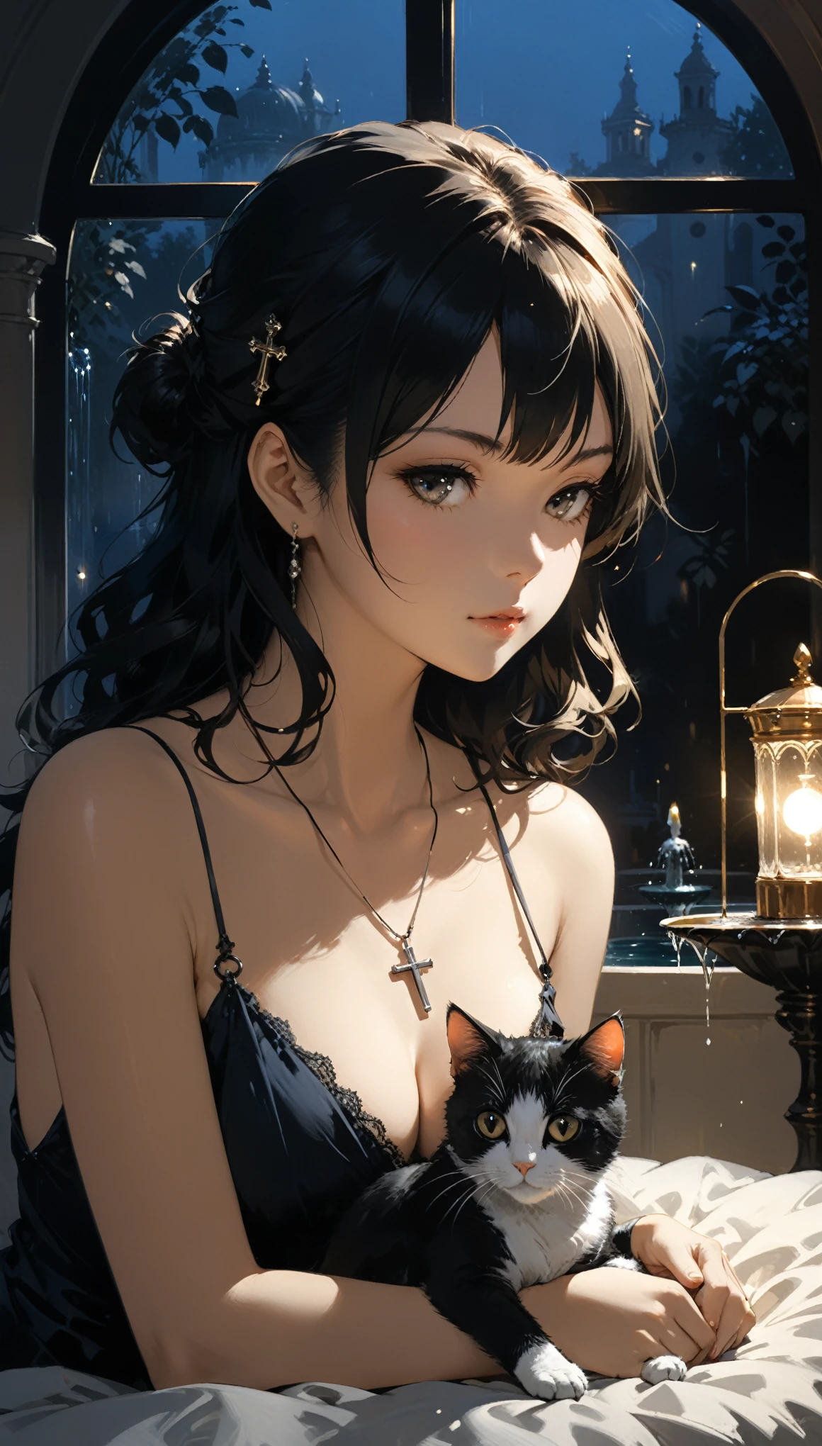 in style of Ashley Wood, (head leaning:1.3),1girl,cat,front view,Fountain Pen stroke style,round windows,bed,romantic mood lighting,pendant,cat between cleavage,sit cross-legged on the bed,upper_body,close-up,