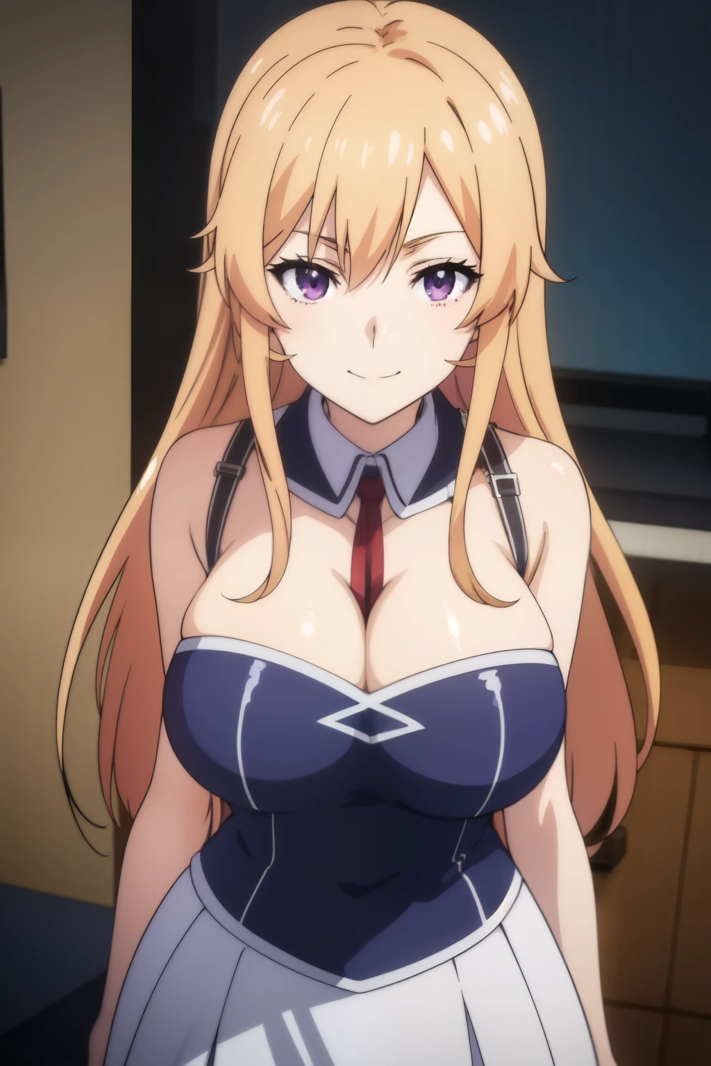 anime background art, room background, one bed, standing, beautiful anime scenes, 4K anime art wallpaper, 4k anime art wallpaper, Rosla global illumination, anime girl, 1 girl, similar LORA, best quality, detailed, alone, closed mouth, smile, honey blonde hair, long hair, perfect face, purple eyes, defined eyes, well defined eyes, perfect eyes, perfect face, costume, very big tits.