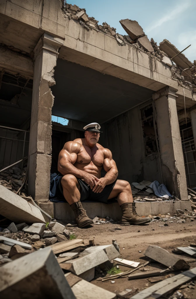 extremely detailed, detailed face, detailed eyes, detailed muscle, palestine, (view full body), ((1man)), (object (big muscular old man soldier sitting resting in the ruins of the building)), the old man is soldier and wearing soldier uniform, old man ((mustache), battel scar face, short hair, white hair, strong character, strong muscle), (background ((waster land, post-apocalypse, ruined city))), (photography (50mm lens, cinematic, cinematic color))