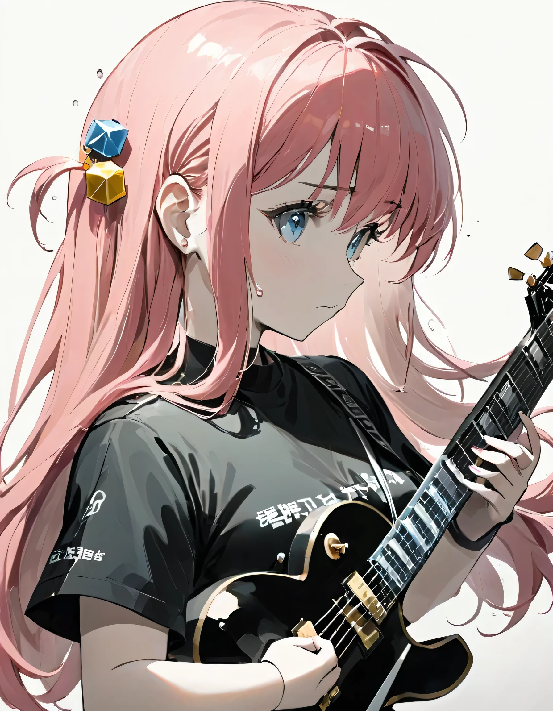 monochrome cube hair ornament, a young girl with pink hair and blue eyes, playing a Gibson Les Paul electric guitar with passion. The style is simple, focusing on the upper body of the girl in profile, against a white background. She is clad in a black t-shirt with short sleeves, her bangs falling on her forehead, and a cube hair ornament adorning her long hair pinned up on one side. She is holding the plectrum, strumming the strings, and sweat is dripping from her forehead, indicating the intensity of her performance,