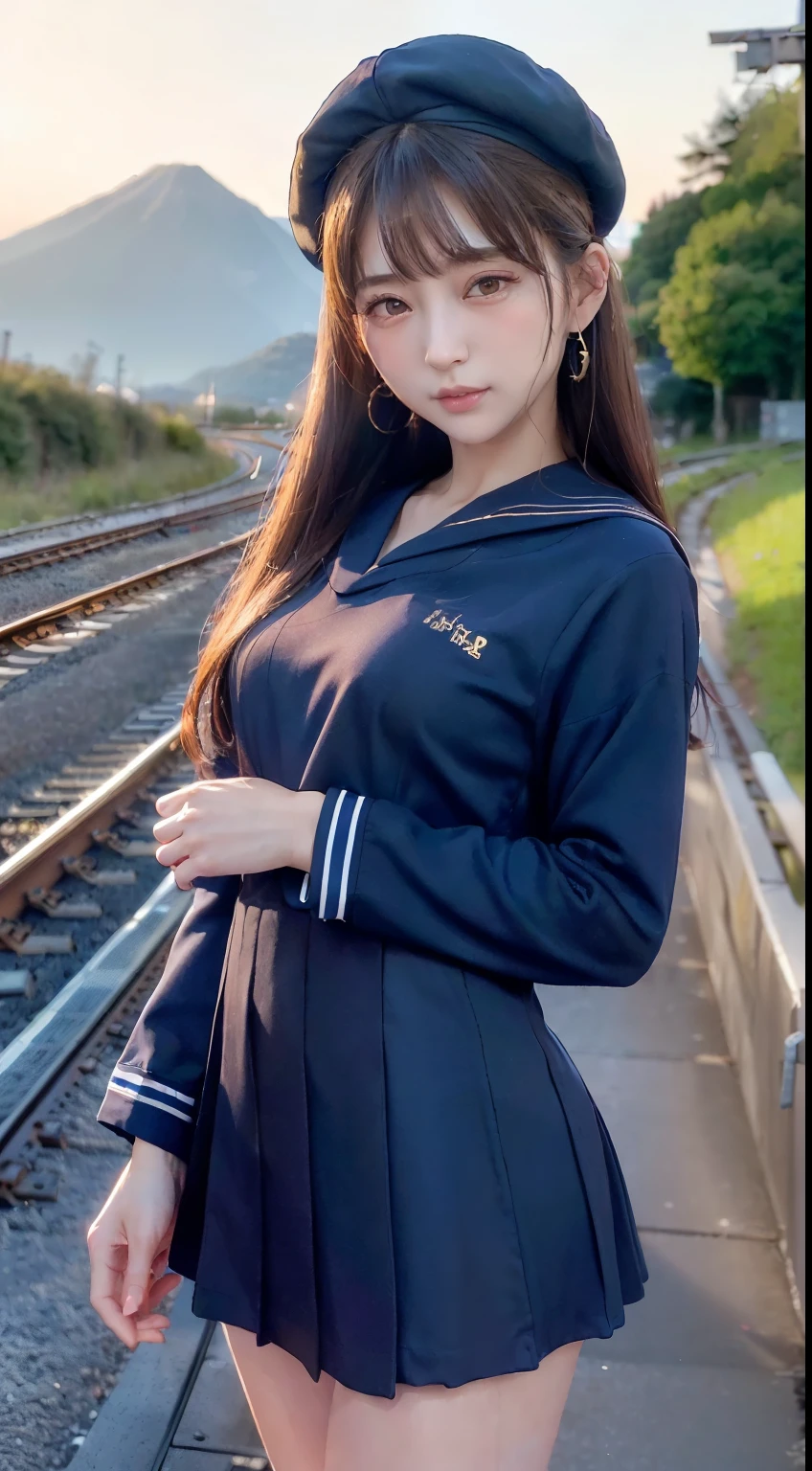 mix4, (16 K, Raw photography, Top image quality, ​masterpiece: 1.45), (realisitic, Photorealsitic: 1.37), one girls, 7．5, etc、No skin exposure due to clothing、well maintained、Random hairstyle、Standing figure，Lunch time、a very cute,countryside view,, profetional lighting, photon maping、physically-based renderingt, Gradient dark brown hair,Crisp backgrounds and high resolution, a handsome, Well-groomed and beautiful eyes、Large double eyelids、Very shiny、girl with, (((student clothes、Navy blue long-sleeved sailor suit worn by Japan 、Navy blue sailor color、scarf、Navy blue miniskirt, Small beret、high socks、lowfers))), Top Quality Photos, hight resolution, 1080p, (clearface), (Detailed face description), (Detailed hand description), (​masterpiece), (Exquisite CG)、extreme light and shadows、dishevled hair、master work、abundant detail、(Fine facial features)、(top quality photo)、(masuter piece)、(A detailed eye)、Look in front of you、Fine clavicle、((Slender big))、(((Japan  in sailor suit)))、((Beautiful face like an idol))、((country、train track、railroad crossing、Mountains in the distance々))、(((neat and cute)))、earrings、A big smile、Drawing the whole body from the knees、Do not draw nasolabial folds、(((Cute sailor suit)))、(Big breasts that hang down big:1.2)、Big buttocks with tension、Two arms and two legs、(((from the front side:0.3)))、bare hand、No mask、Arrival train、