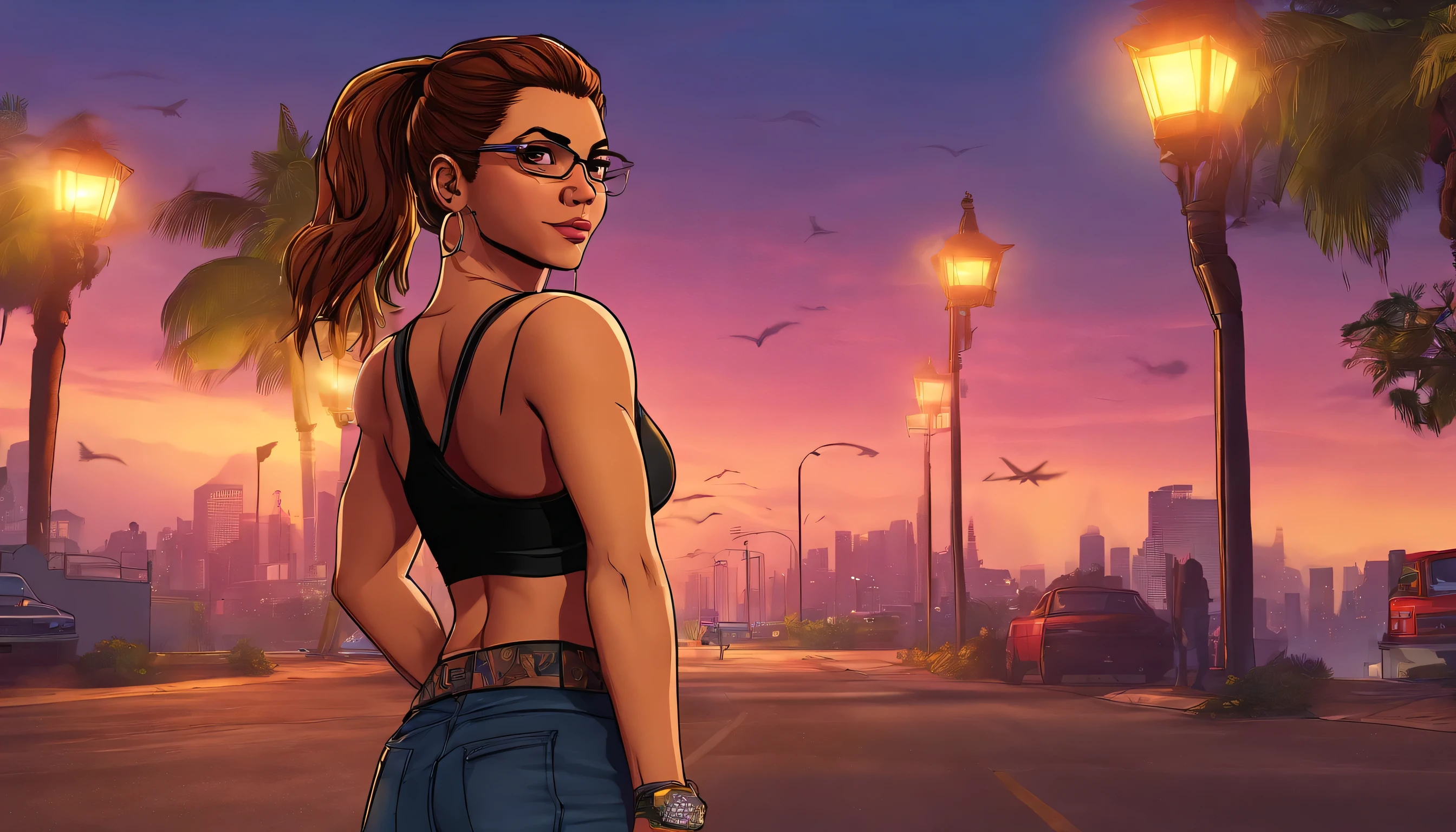 best quality, masterpiece, cinematic lighting, intricate, cinematic detailed realistic backgrounds, detailed faces, full body, big breasts, realistic, Catalina, 1girl latina jogging, city view, night, black tank top, looking at viewer, model pose, yellow ring eyes, street lamp, lamp post, yoga pants, two-tone hair, Single Hair Bun, glasses.