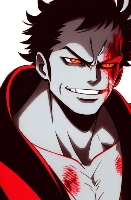1boy, beastly, solo, upper body, ((masterpiece)), (best quality), (extremely detailed), depth of field, sketch, dark intense shadows, sharp focus, soft lighting, hdr, slightly colorful, good composition, wanostyle ,white cut Short Hairs , Mad Laugh , red eyes , Fark Pancho/Coat on the shoulders , Blood Moon background , Eclipse , one piece , one piece manga