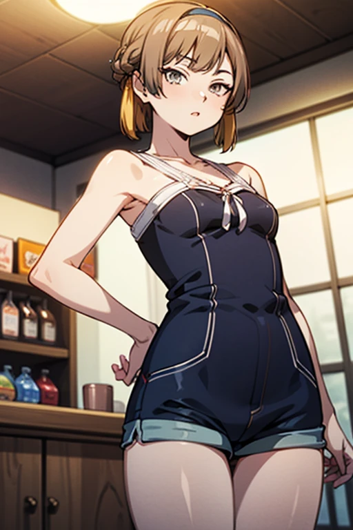 (masterpiece, Best Quality, ultra-detailed, high resolution, extremely detailed CG, official art, Professional Lighting, Perfect Anatomy, anime colors), (from below), looking at viewer, cowboy shot, perfect body, a 24yo beautiful girl, sidelocks, hairband, earrings,medium hips, glamorous body,a small face,beautiful-makeup,Makeup light,dark brown hair, Amazing Cleavage, thin waist, cute ass, Raised sexy, small breast: 1.2 posed cleavage:1.2, (off shoulders,Denimbra,legginullnude), micro denim shorts, bare legs, nail_polish, pale skin, Waiting friend, (morning:1.5), tokyo, (convenience store:1.3), outdoor, (depth of field:1.3), contrapposto, (Hold a coffee in your hand:1.3),delicate beautiful face, Bright blue eyes, cute eyes, sparkling eyes, Big eyes, (perky chest:1.1), (pointed chest:1.3), looking at viewer,
