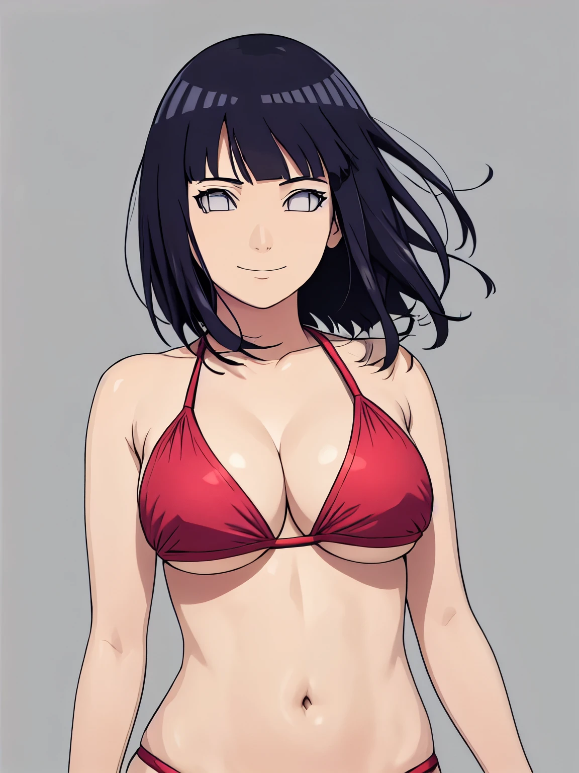 (hinata\(boruto\), (high quality, upper body view only, anime, tall woman, perfect hand anatomy, red bikini, off-shoulders, little biceps, long belly, smile), ((extremely strong)), ((shaking boobs)), (medium-big breasts, cleavage), closed mouth), (posing for the viewer), pale skin, ((floating hair, dark blue, short hair, hime cut، loose hair), (background: simple white background only), (background: simple white background only)
