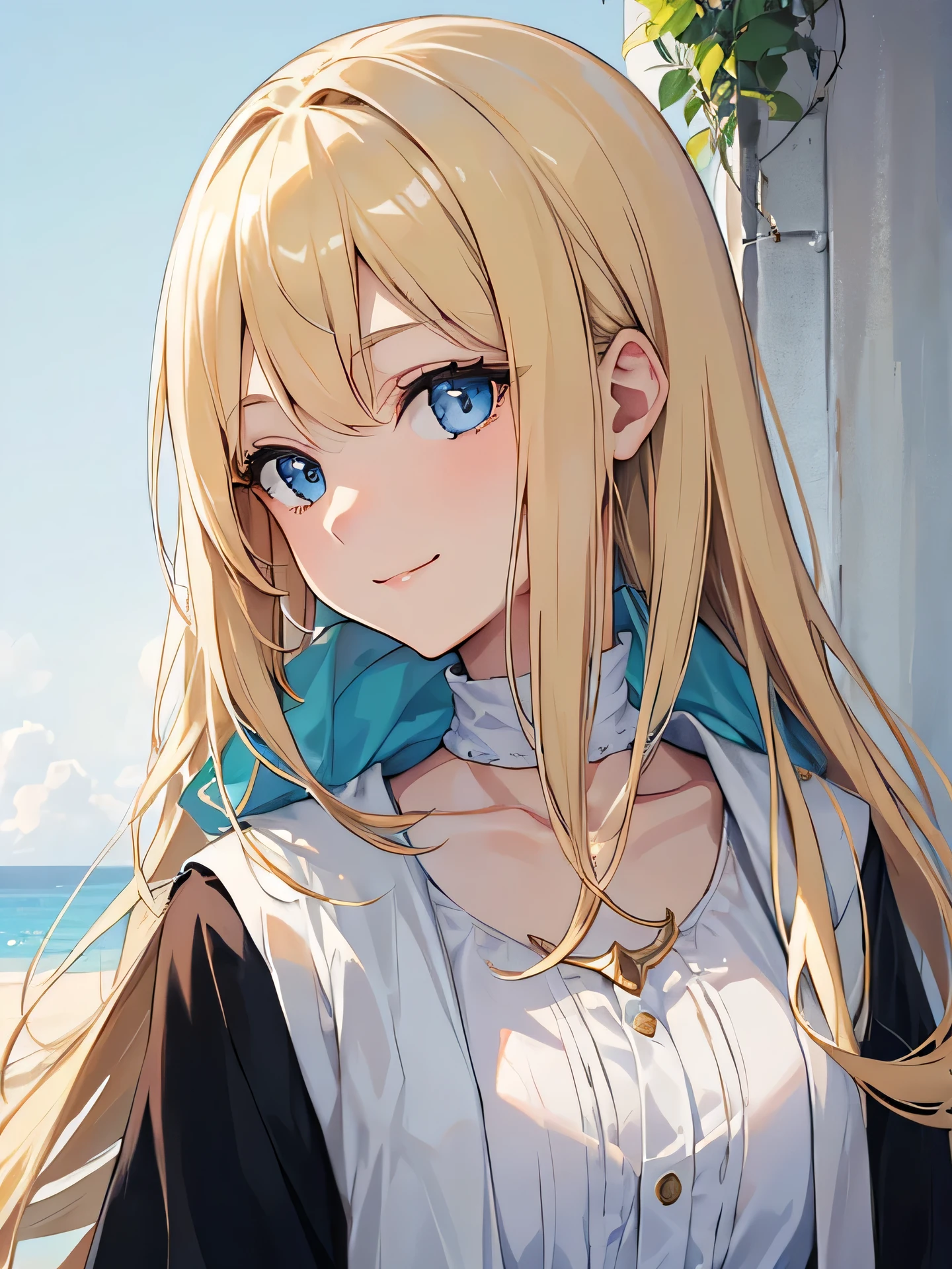 a young woman with blonde hair and blue eyes with gentle smile and aura