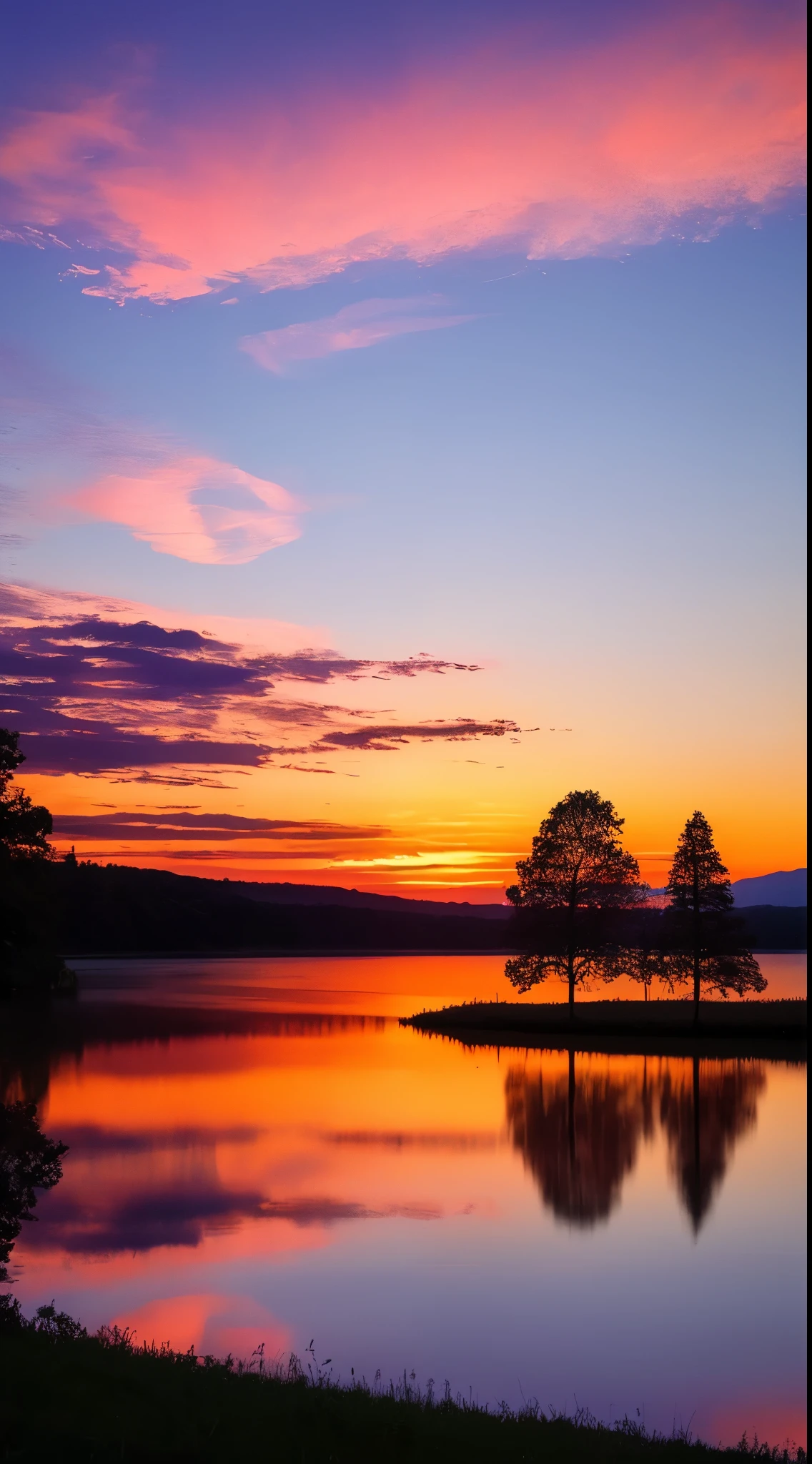 there is a beautiful sunset with a lake and trees in the background, colorful skies, surreal colors, colorful sunset, colorful sky, marvellous reflection of the sky, stunning sky, dream like atmosphere 8k, colorful clouds, colors reflecting on lake, surreal sky, red and blue reflections, fire reflection, beautiful sky, beautiful and spectacular dusk, beautiful dreamy landscape, amazing sky