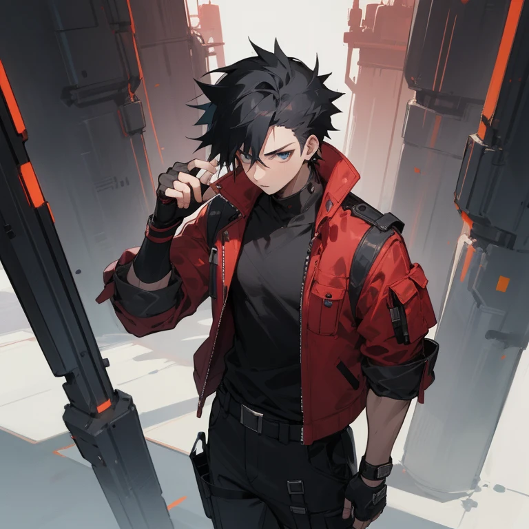 ((highest quality)), ((masterpiece)), (be familiar with), 1 male, alone, Black Hair,Spiky Hair,cargo pants,Red jacket,Black Shirt,Large,Fingerless Gloves, cyber punk,SF,Gauntlet