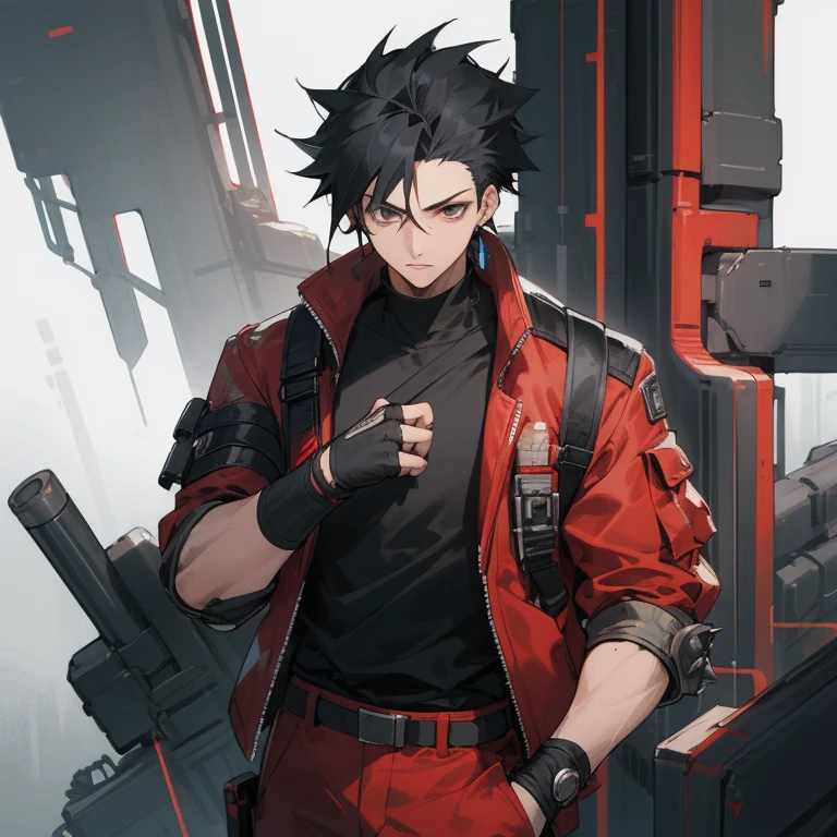((highest quality)), ((masterpiece)), (be familiar with), 1 male, alone, Black Hair,Spiky Hair,cargo pants,Red jacket,Black Shirt,Large,Fingerless Gloves, cyber punk,SF,Gauntlet