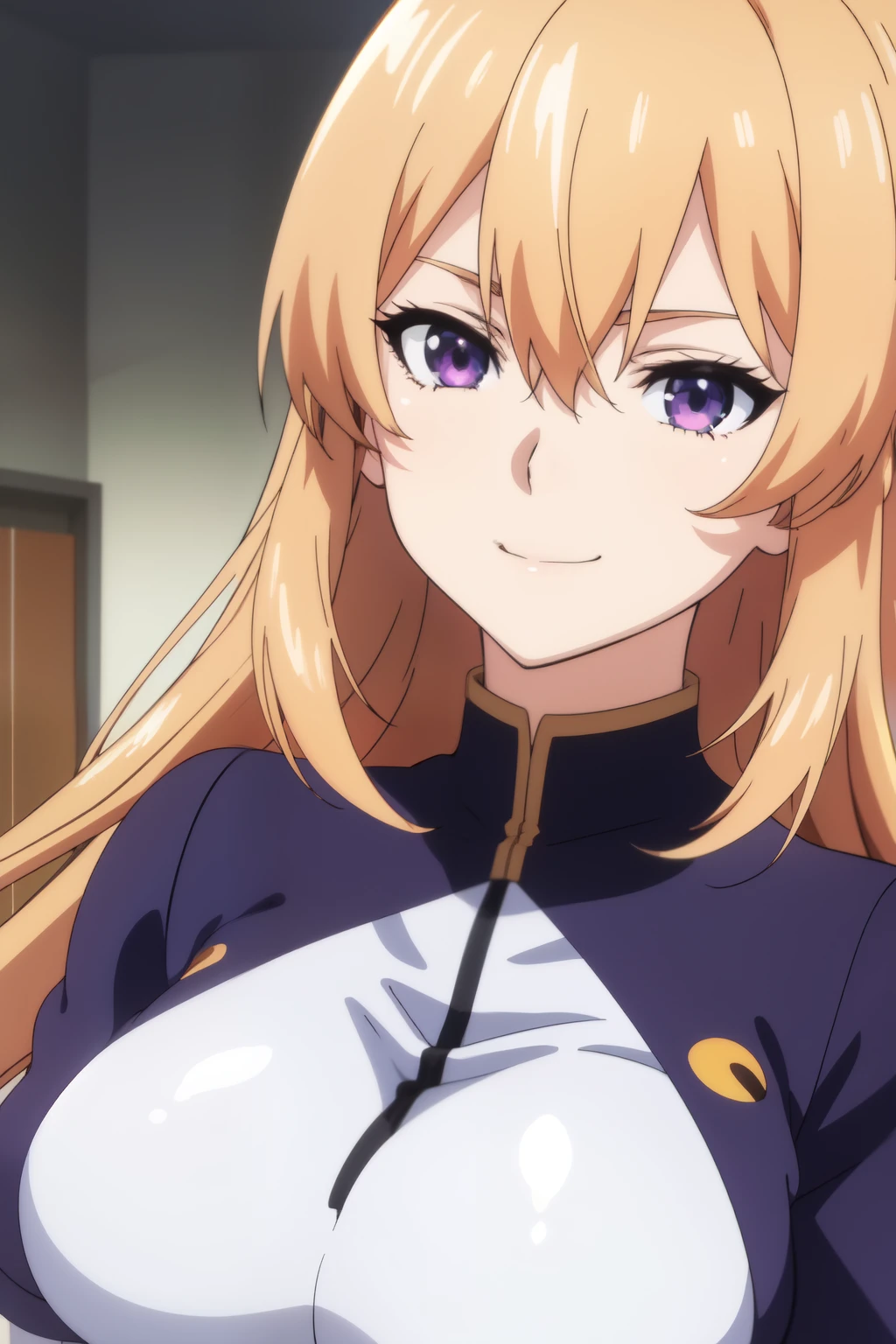 anime background art, room background, one bed, standing, beautiful anime scenes, 4K anime art wallpaper, 4k anime art wallpaper, Rosla global illumination, anime girl, 1 girl, similar LORA, best quality, detailed, alone, closed mouth, smile, dark honey blonde hair, long hair, perfect face, purple eyes, defined eyes, well defined eyes, perfect eyes, perfect face, lora costume, very big tits.